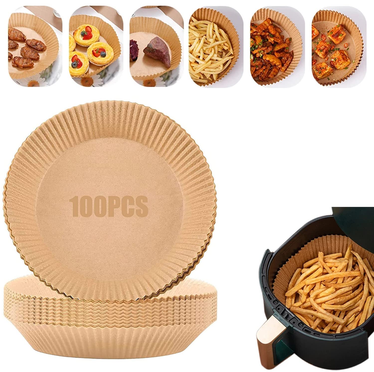 Non-Stick Air Fryer Disposable Paper Liners - 7.9 Inch Oil-Proof Parchment Sheets for Baking, Roasting & Microwave (100pcs) - Perfect for Air Fryer, Oven & Meal Prep