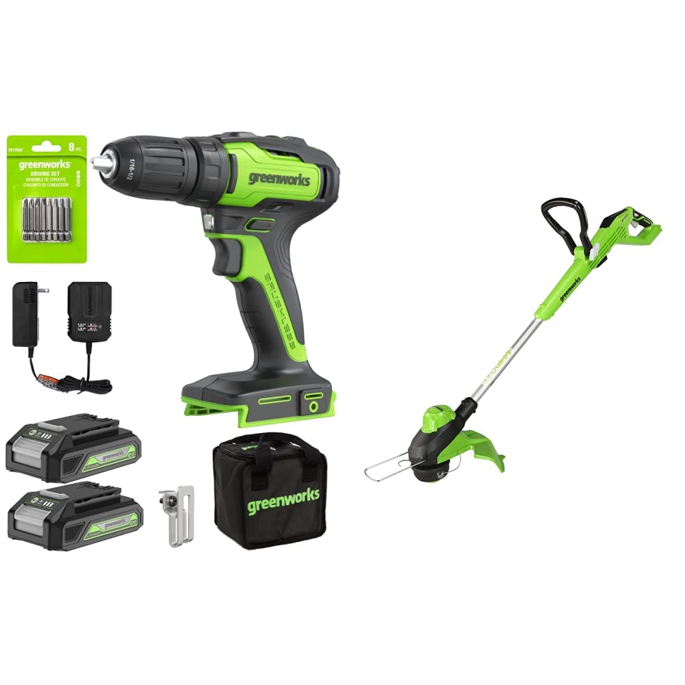 Greenworks 24V Brushless Cordless Drill and 13 Inch String Trimmer Combo Kit with 2×2Ah Batteries & 2A Charger - Perfect for Home DIY Projects, Lawn Care, and Outdoor Maintenance
