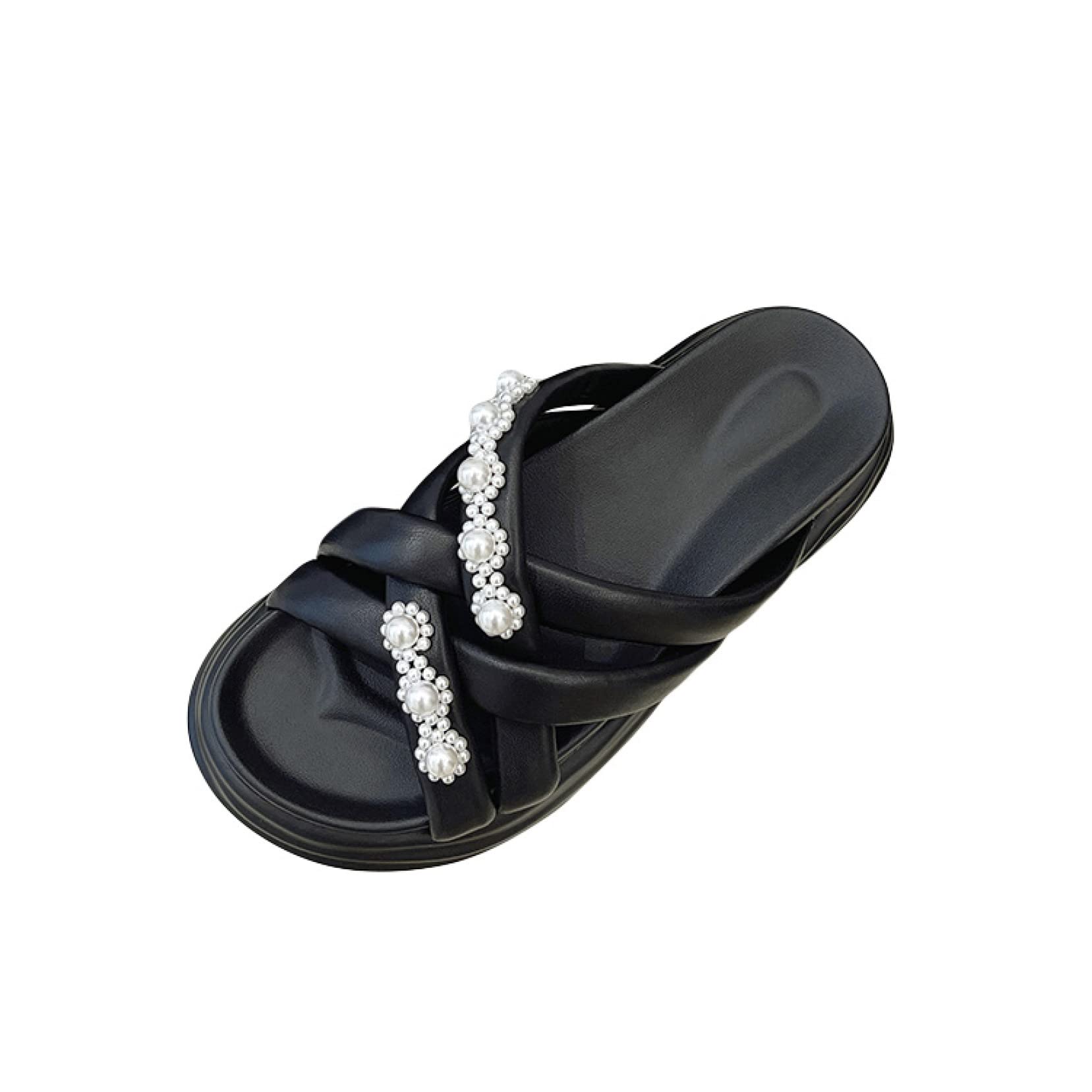 EBRICON Women's Platform Slide Sandals - Breathable Pearl Cross Leather Slip-On Open Toe Backless Slippers for Outdoor, Beach, Pool & Summer Comfort