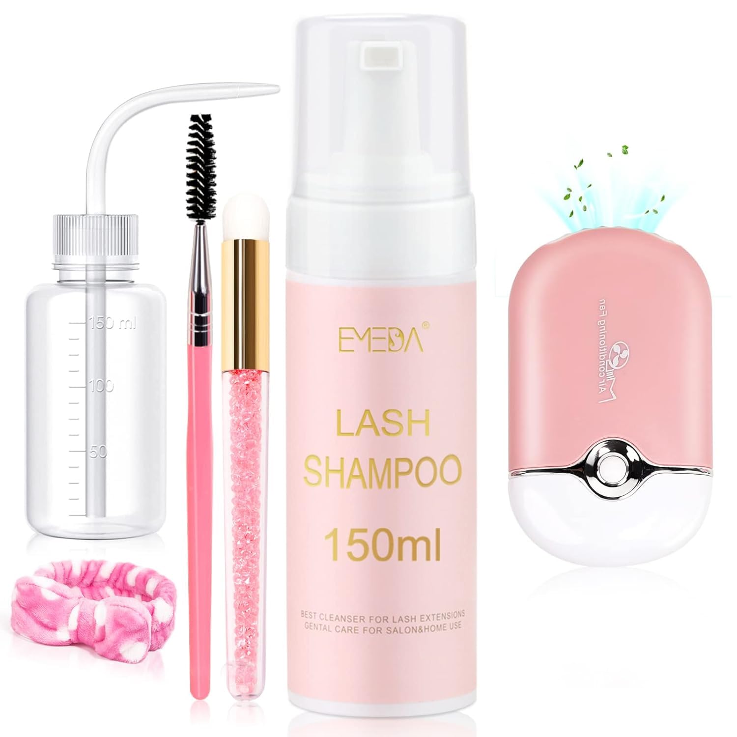 EMEDA Lash Extension Shampoo & Cleaning Kit - 150ml Oil-Free Foam Cleanser with Lash Fan Dryer, Rinse Bottle, Brush & Hair Band - Gentle Eyelash Bath for Extensions, Daily Lash Care & Salon Use