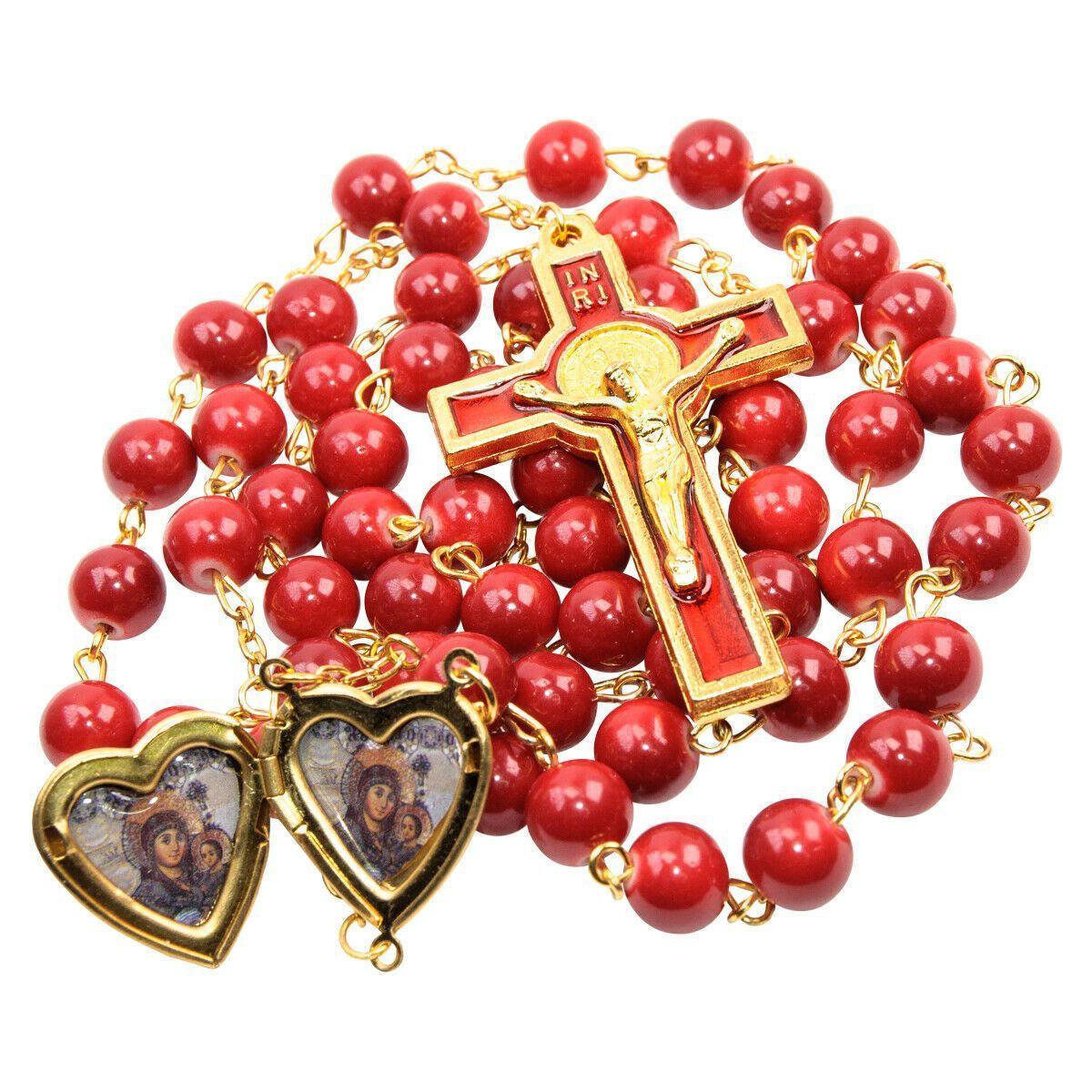 Catholic Rosary Beads - Red & Gold Plated with Icon Locket - 23 Inch Prayer Beads for Devotion, Meditation & Gift Giving