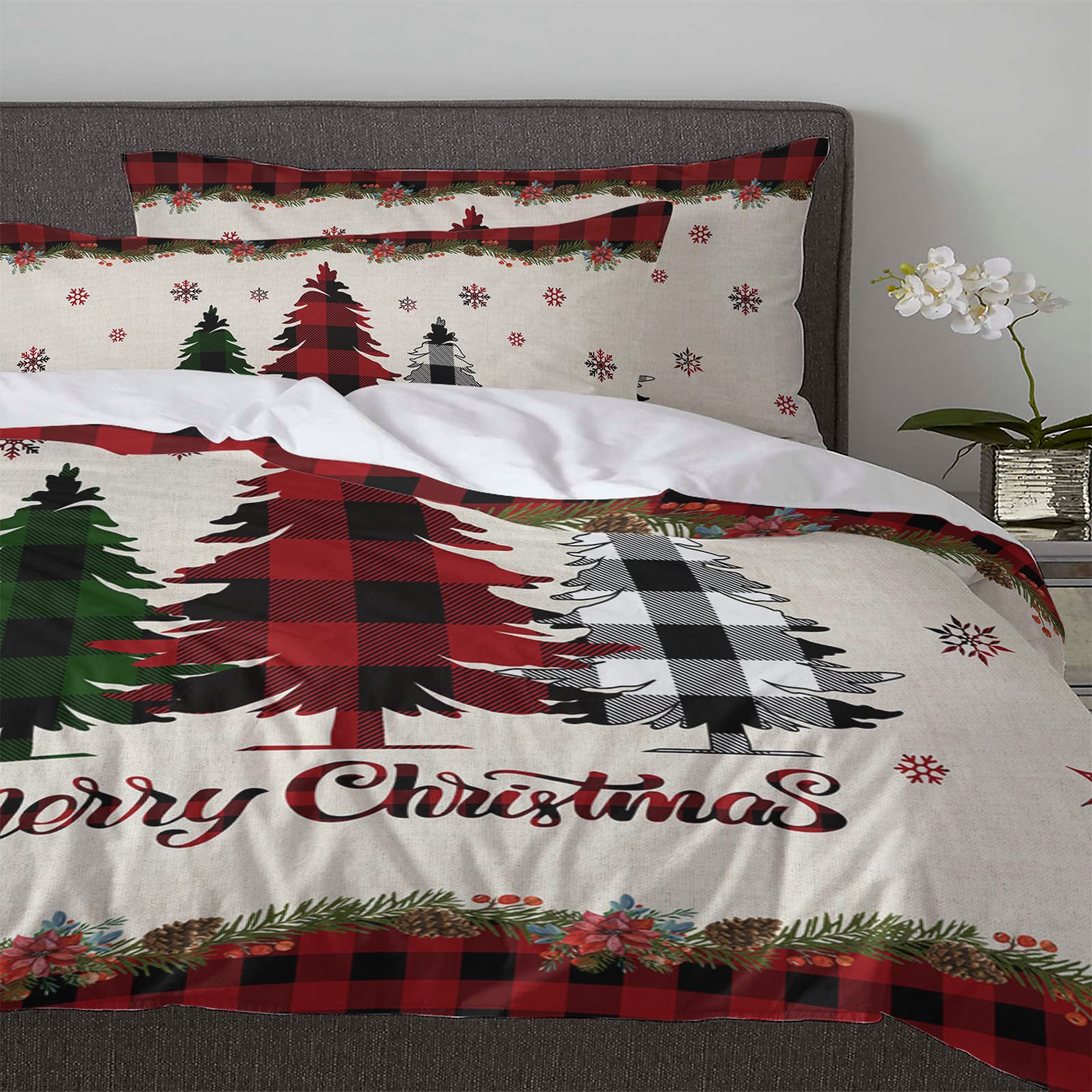 Full Size 3-Piece Buffalo Plaid Duvet Cover Set with 2 Pillow Shams - Lightweight Soft Comforter Cover with Christmas Tree Design | Perfect for Holiday Bedroom Decor & Cozy Winter Nights