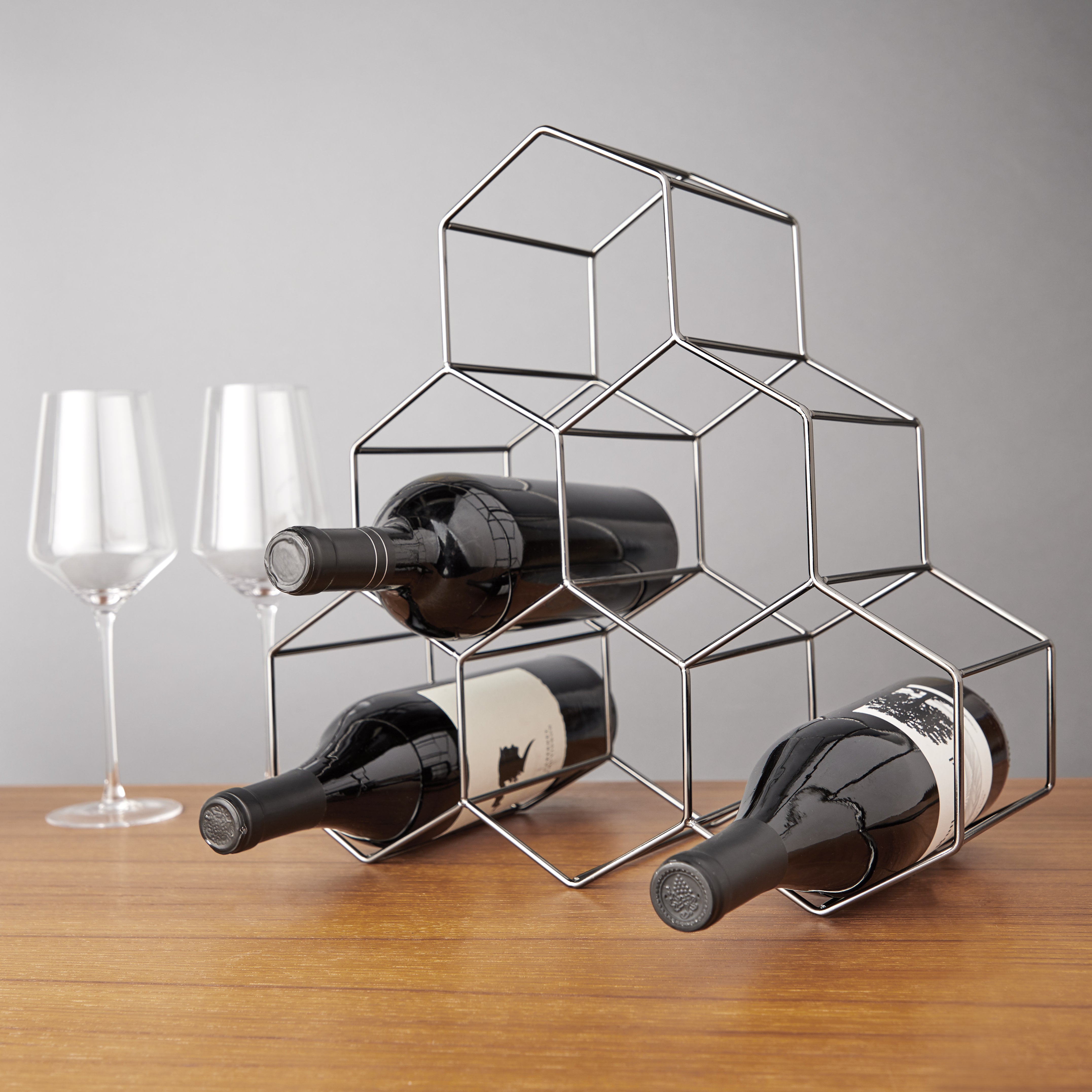 Gunmetal Geo Countertop Wine Rack - Modern Metal Wine Bottle Holder for Kitchen, Bar & Dining Room Decor | Space-Saving Storage Solution