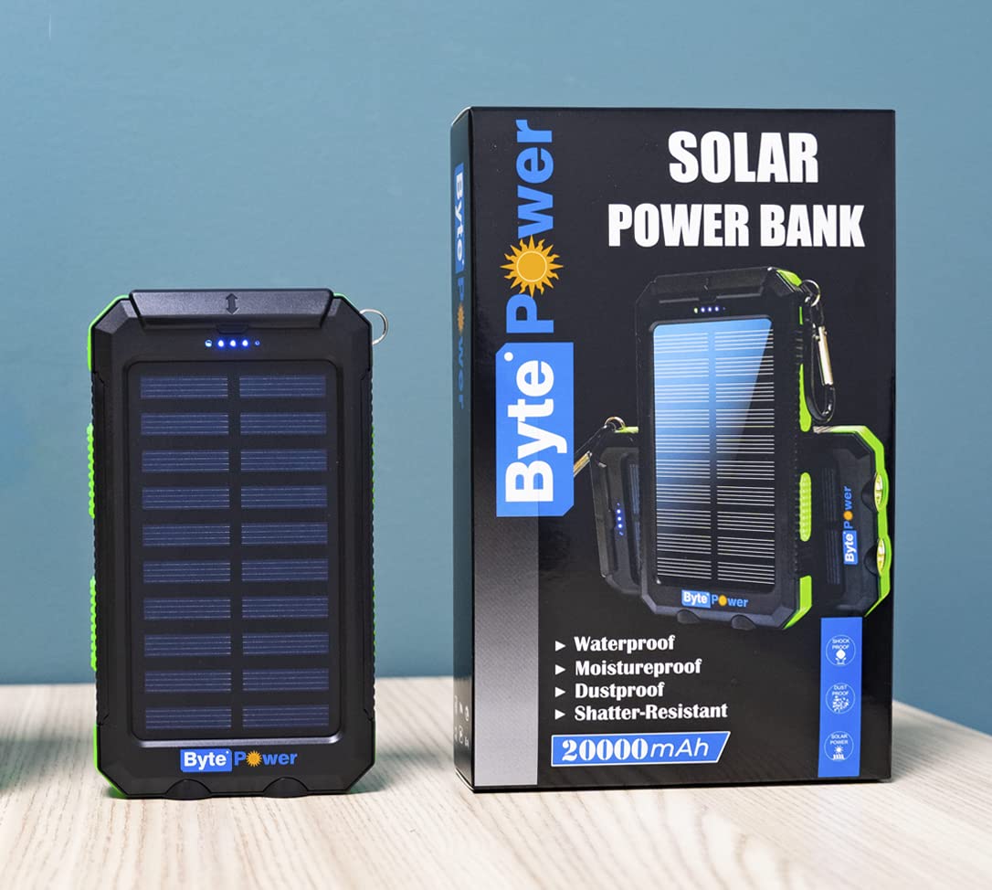 20000mAh Solar Power Bank with Built-in Flashlight - Portable Solar Phone Charger with Compass, Carabiner & Whistle - Waterproof Outdoor Solar Panel Charger for Camping, Hiking, Emergency & Travel (Green)