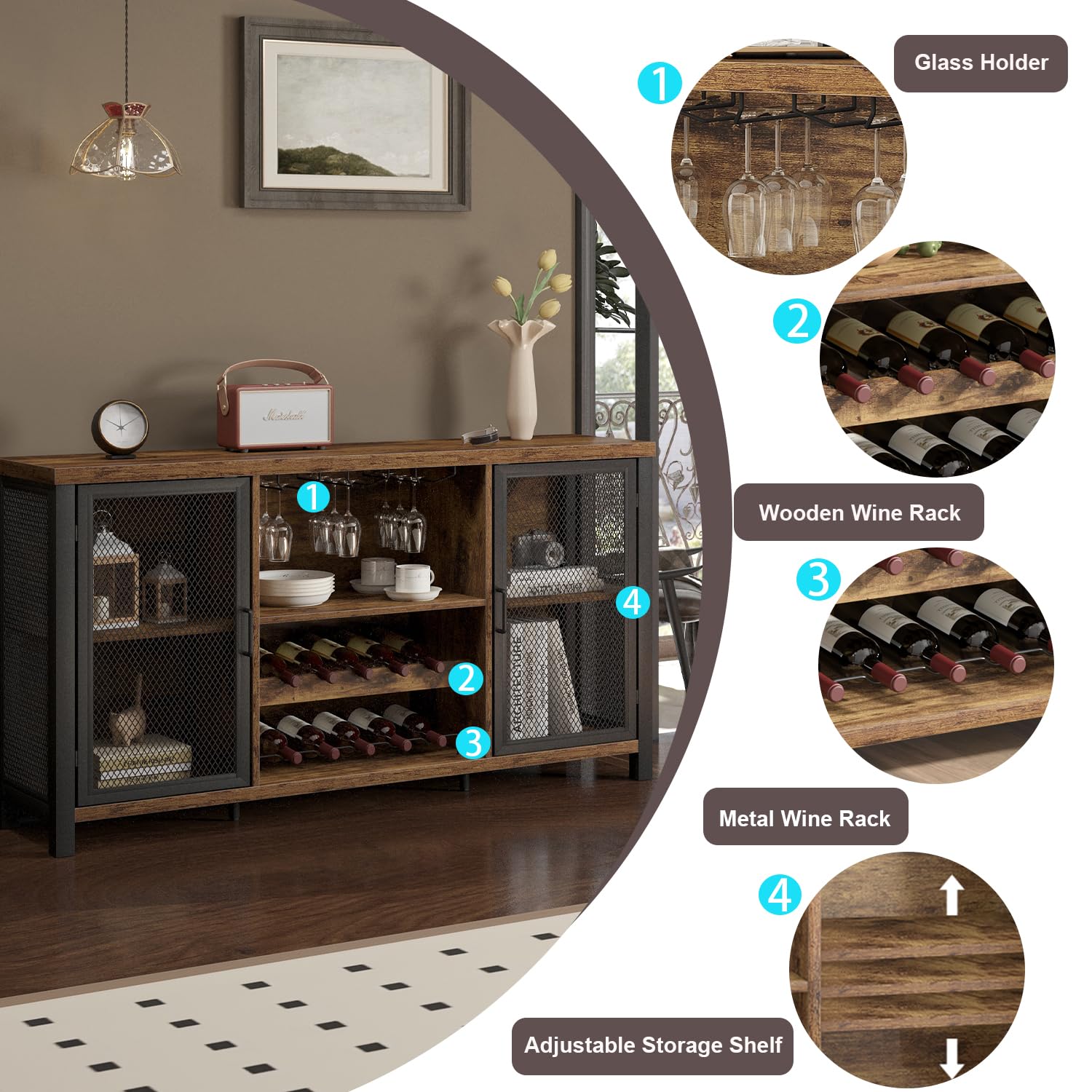 Industrial Coffee & Wine Bar Cabinet - 55 Inch Rustic Brown Wood Metal Sideboard Buffet for Liquor, Glasses & Storage | Perfect for Home Kitchen, Dining Room & Entertaining Guests