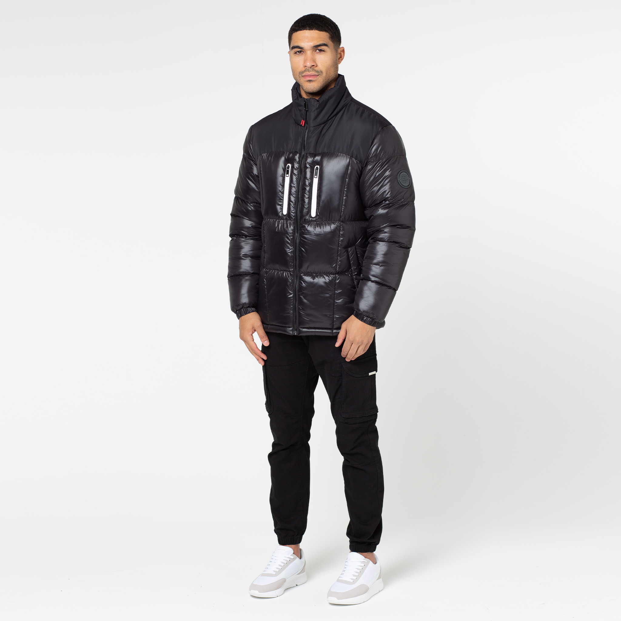 Contrast Zipped Funnel Neck Puffer Jacket - Winter Warm Quilted Coat for Women | Shiny Black Outerwear for Cold Weather, Snow & Outdoor Activities