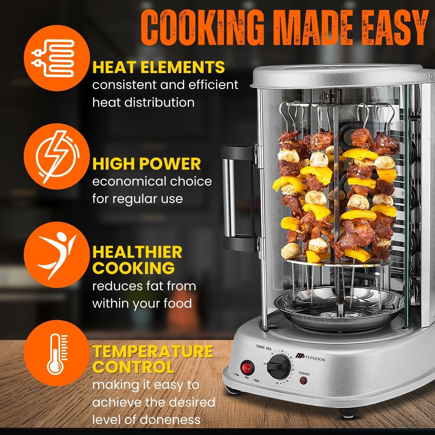 Flexzion Vertical Rotisserie Oven Grill - Electric Countertop Shawarma & Kebab Maker with Rotating Stainless Steel Roaster, Includes Bakeware & Skewers - Perfect for Home Kitchens, Restaurants, and Outdoor BBQ Parties