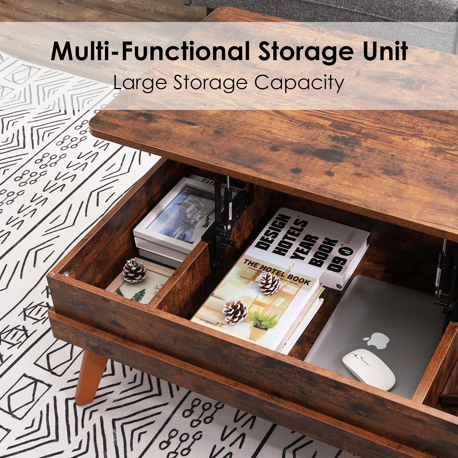Lift Top Coffee Table with Hidden Storage - Easy to Assemble Industrial Style Center Table for Living Room, Home Office & Reception - Rustic Brown Finish | Perfect for Small Spaces, Entertaining & Multi-Functional Use