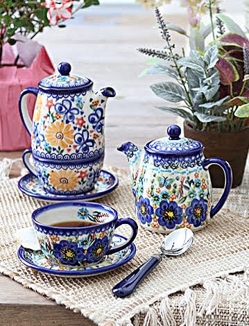 Handmade Blue Rose Polish Pottery Butterfly Tea Set for One - Perfect for Afternoon Tea, Gifts & Home Decor