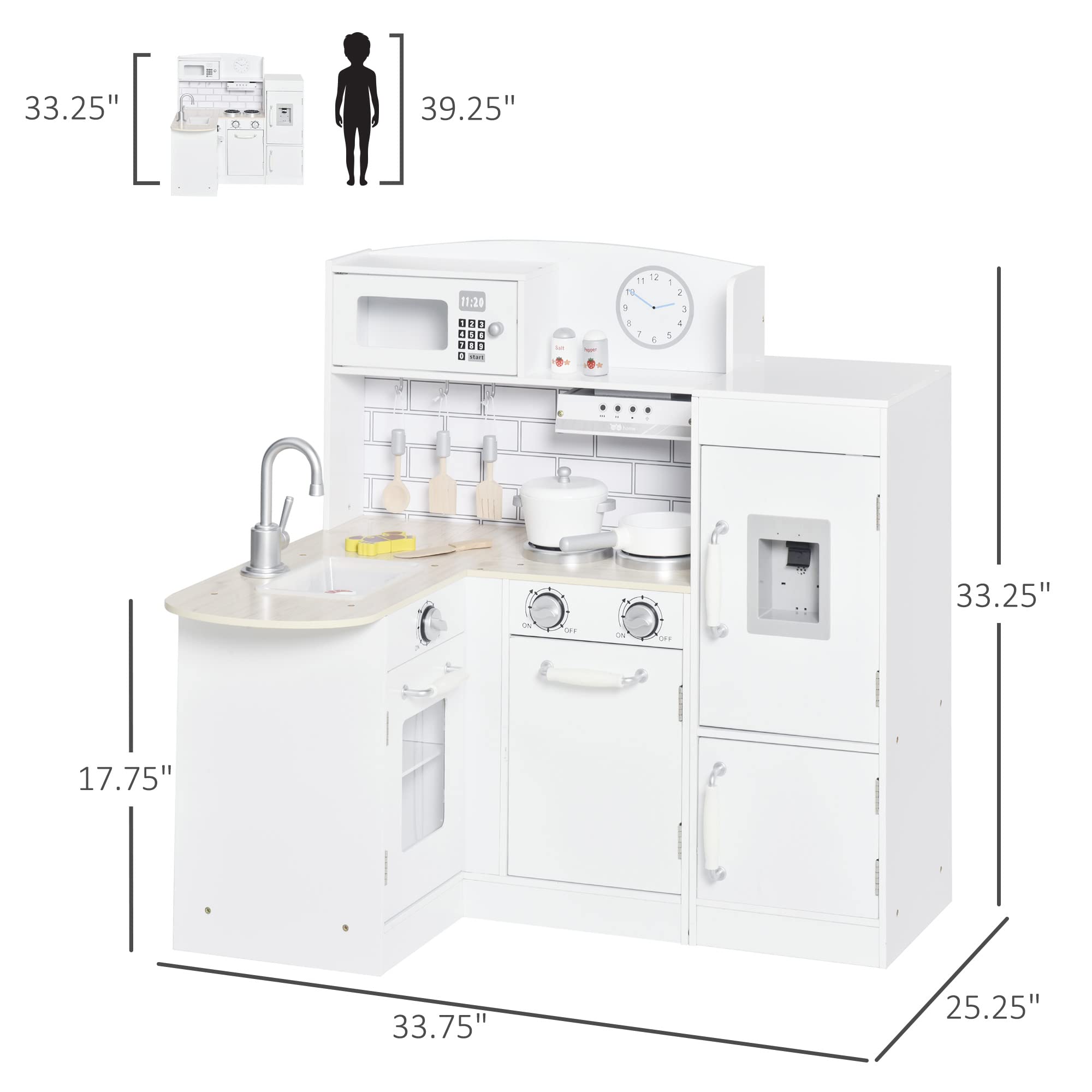 Qaba Corner Kids Wooden Pretend Kitchen Playset with Drinking Fountain, Microwave, Fridge & Accessories - Durable Toy Kitchen for Ages 3+ in White - Perfect for Home, Preschool & Playroom Pretend Play