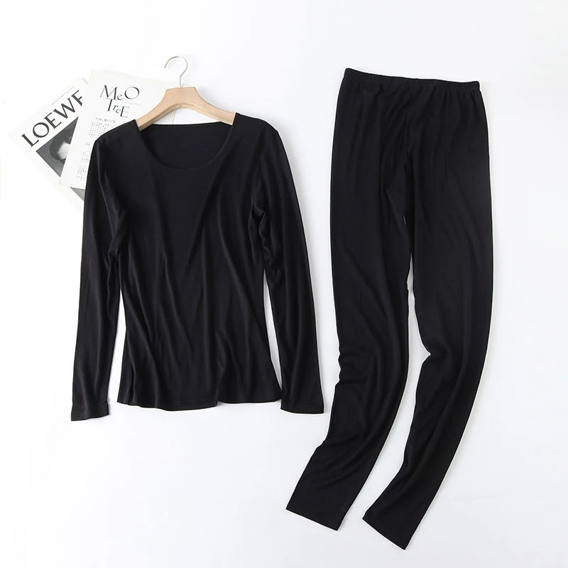 Black Silk Thermal Set for Women - Soft & Warm Winter Pajamas - Cozy Sleepwear for Cold Nights at Home