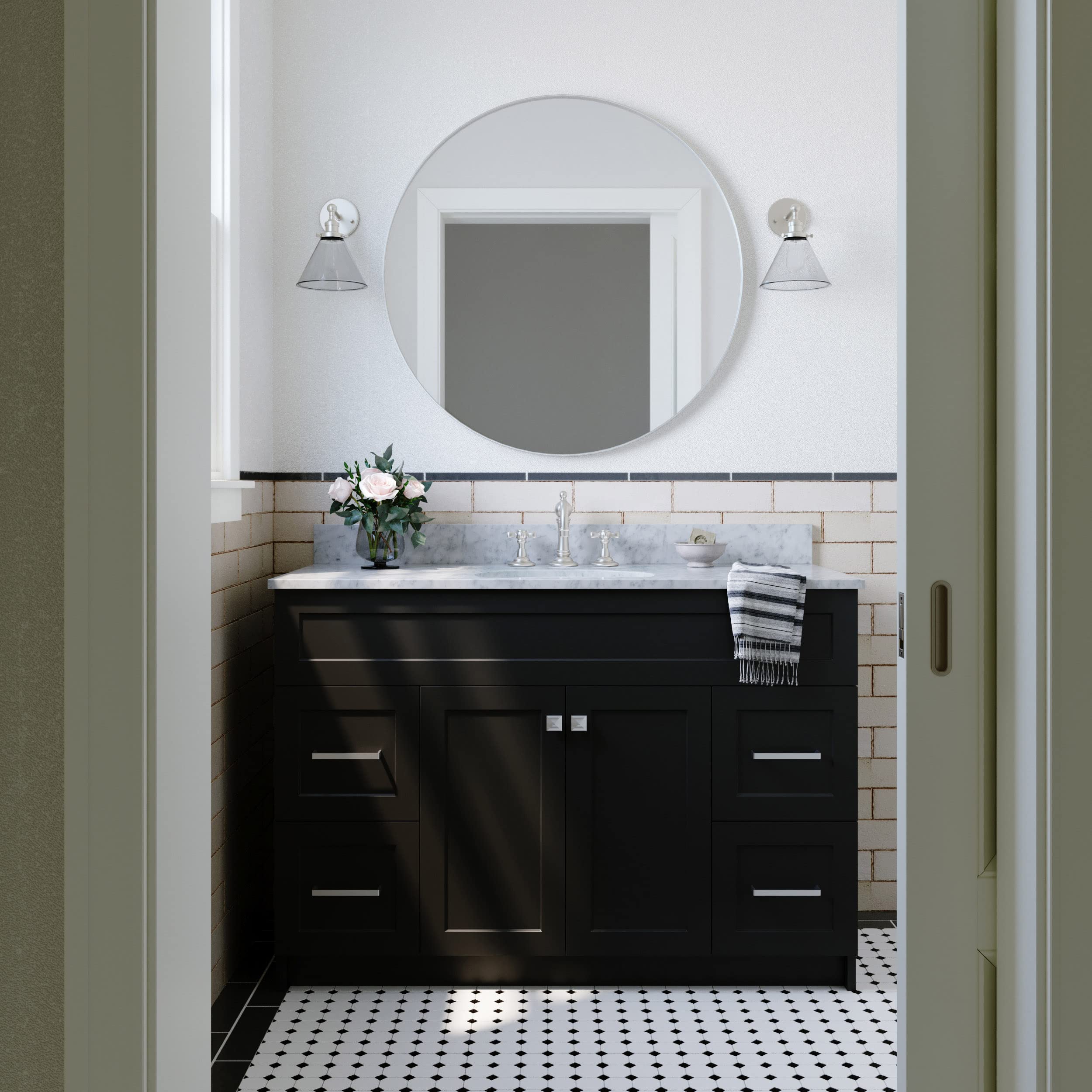 ARIEL Hamlet 49-Inch Oval Bathroom Vanity with Carrara White Marble Countertop in Black - Perfect for Modern Master Bathrooms and Guest Powder Rooms