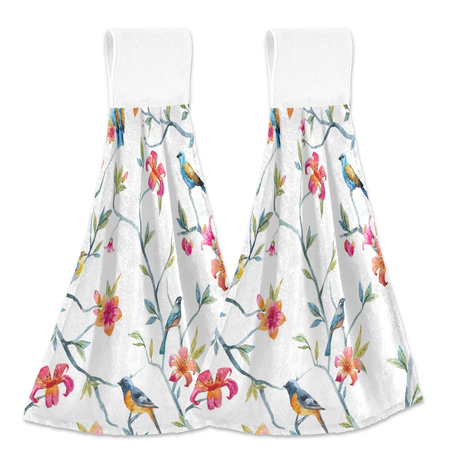 2 Pack Quick Dry Microfiber Hand Towels - Absorbent Spring Bird Floral Design with Hanging Loop for Bathroom & Kitchen | Soft & Durable for Everyday Use, Dish Drying & Hand Wiping