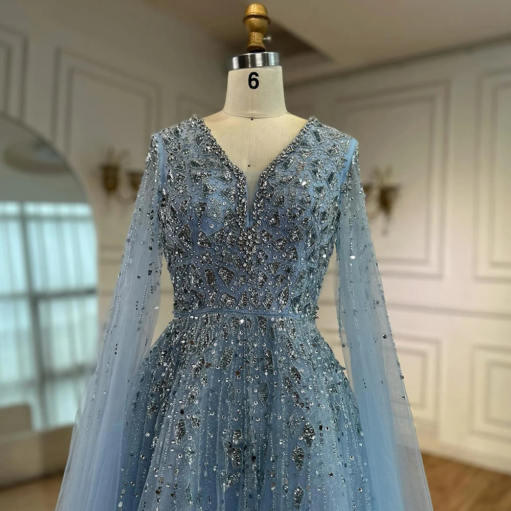 Elegant Blue Evening Gown with Detachable Cape - LA72968 | Perfect for Formal Events, Galas & Special Occasions