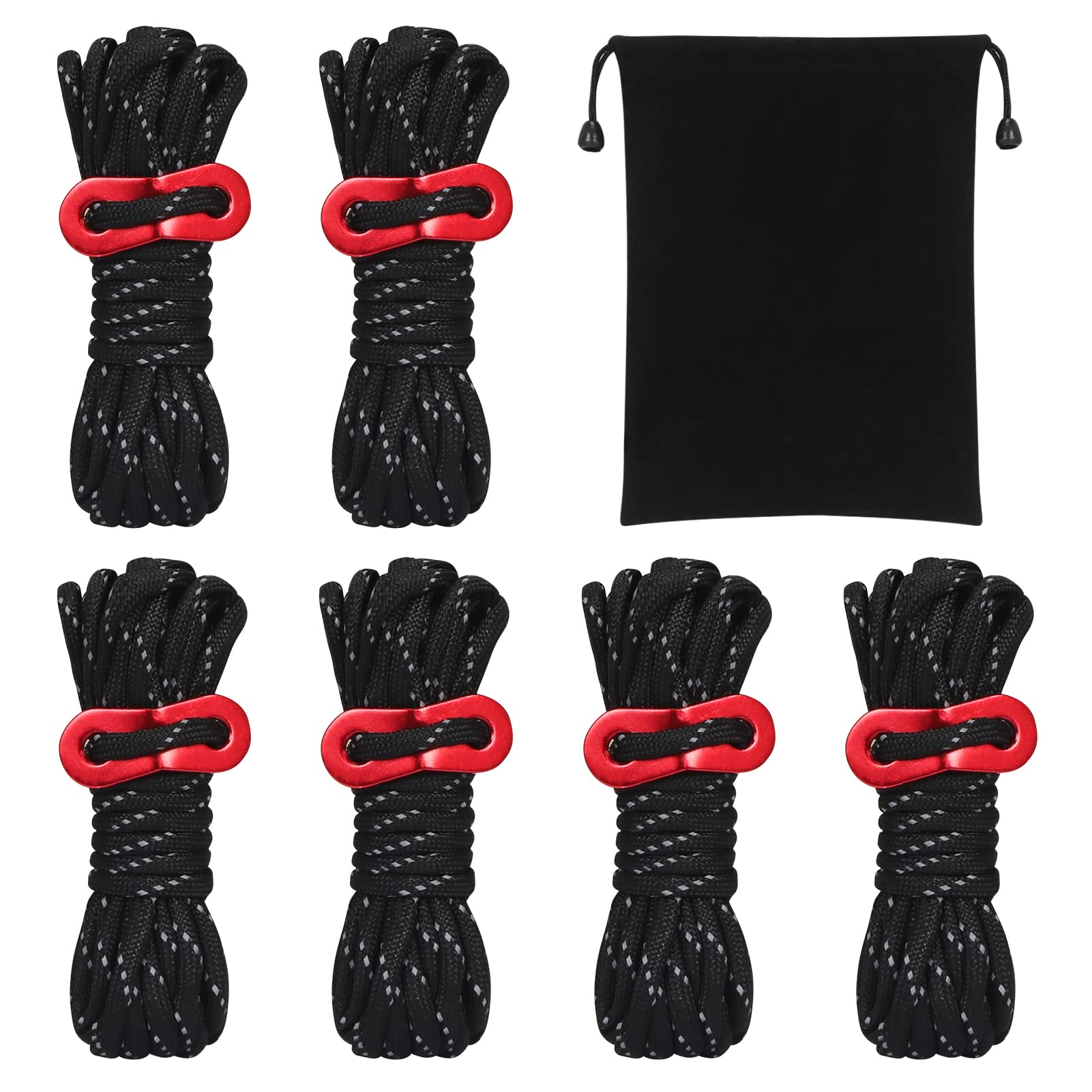 Skycase Reflective Guy Ropes - 6 Pack 4mm Nylon Paracord for Camping & Hiking | 400cm Luminous Tent Rope with Rope Tensioner | Durable Bungee Cord for Outdoor Tents, Tarps & Survival Gear (Black)