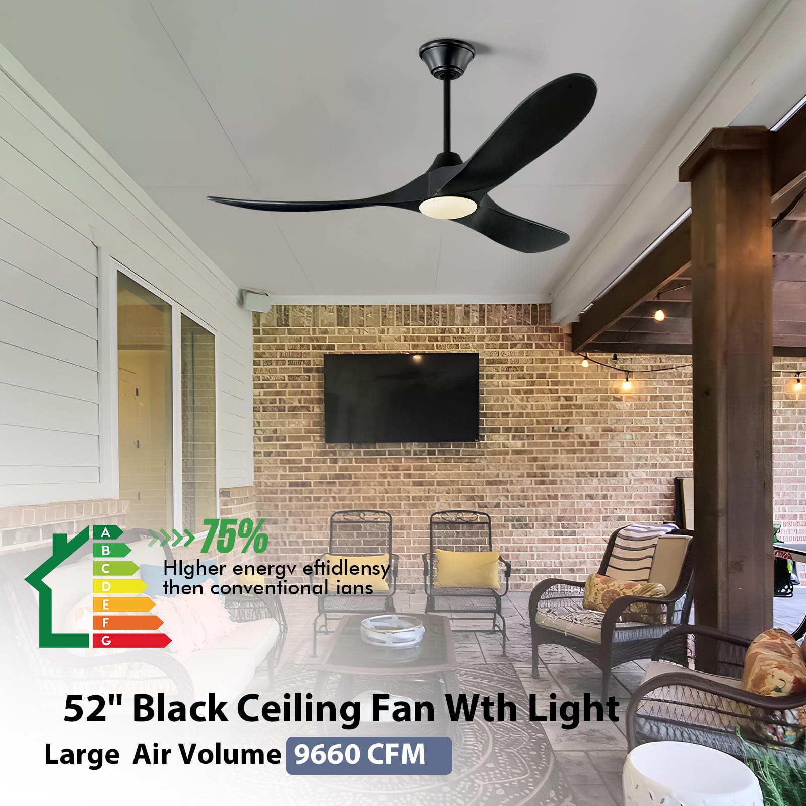 52 Inch Black Smart Ceiling Fan with LED Lights - Outdoor/Indoor Modern Wood Blades Fan - Quiet Reversible DC Motor - Alexa/App/Remote Control - Perfect for Patio, Living Room, Bedroom & Covered Porch