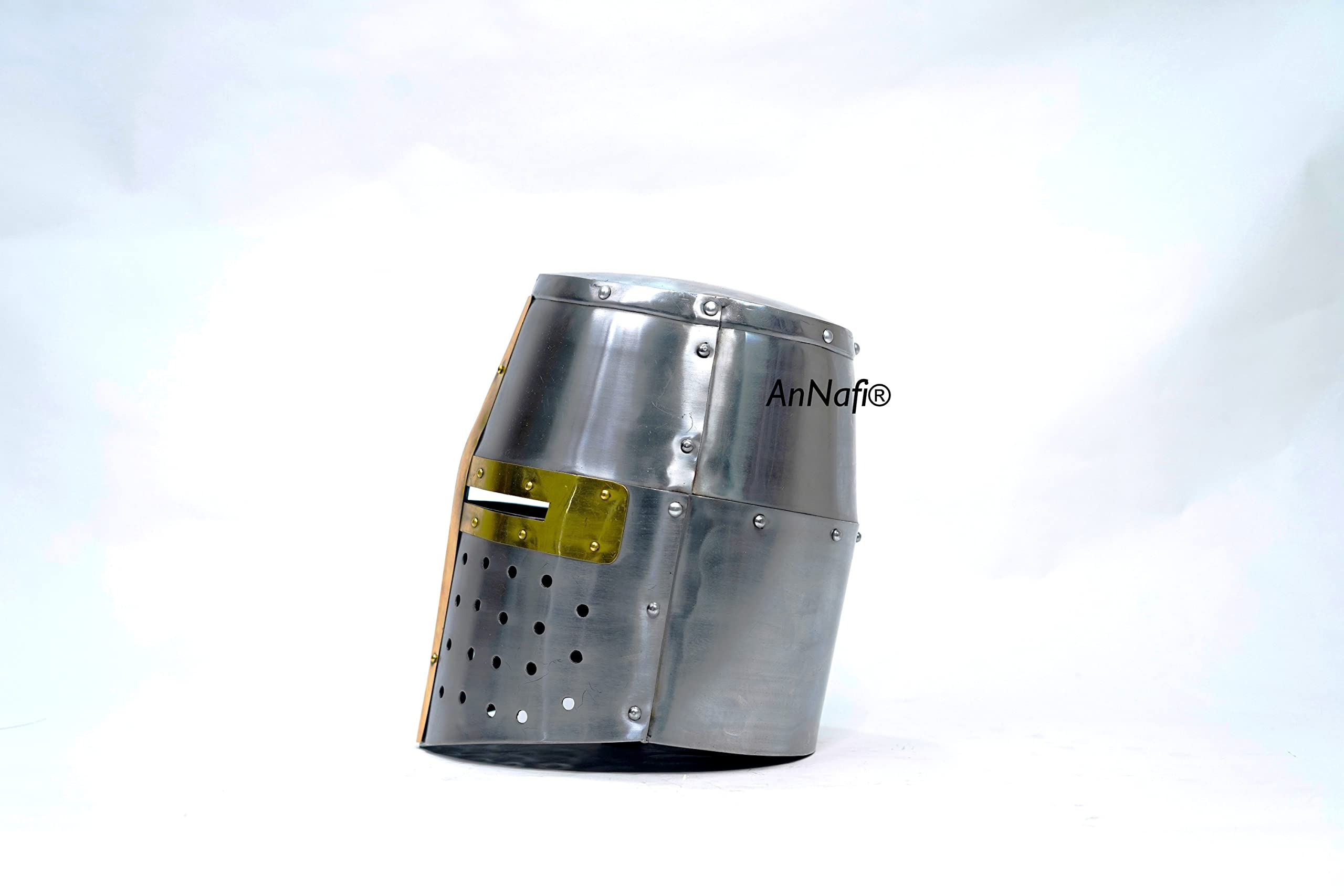 AnNafi® Medieval Templar Crusader Knight Armor Helmet with Wooden Stand - Greek Roman Spartan Armor Replica - Silver & Gold Plated Collectible Helmet for History Enthusiasts, Cosplay, and Home Decor