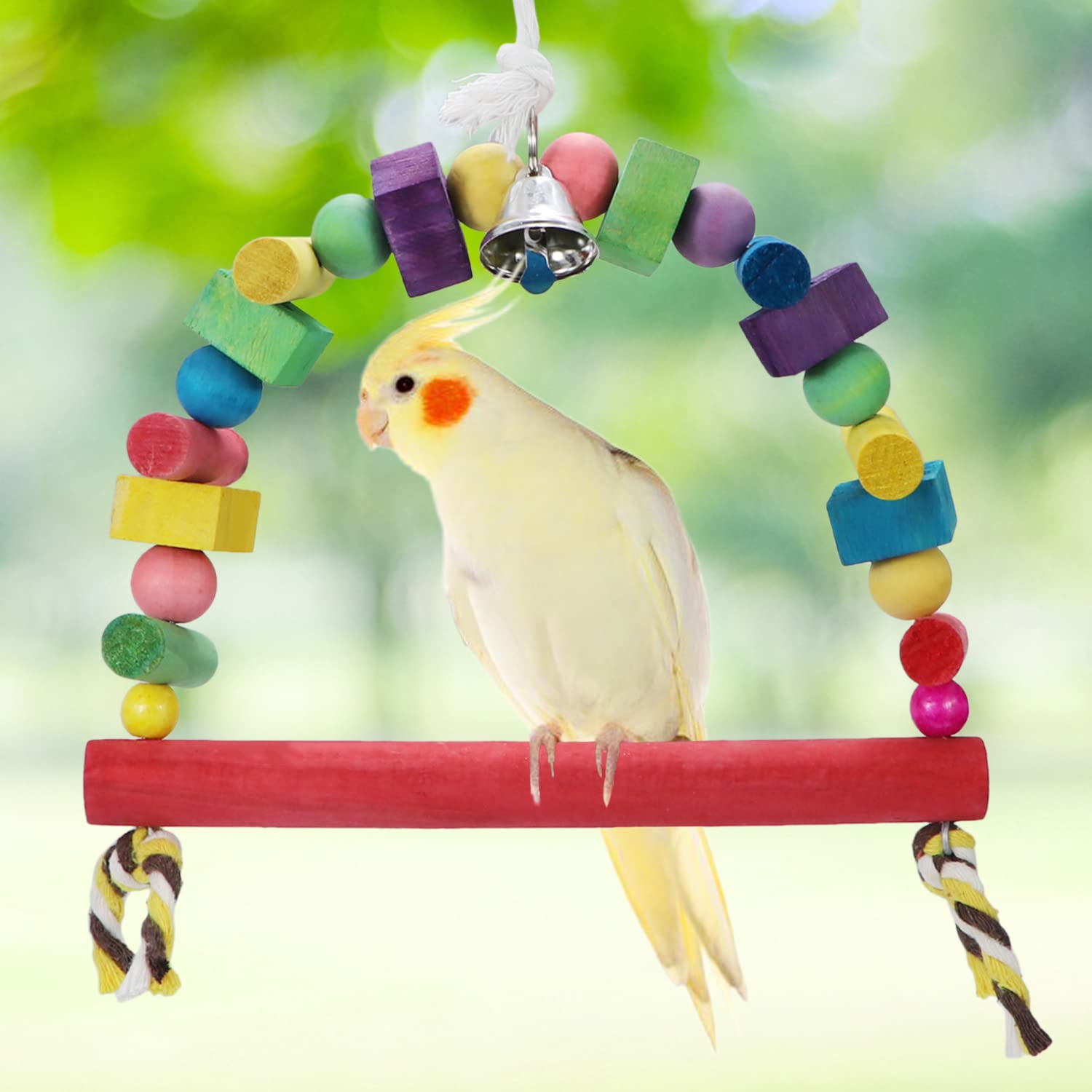 Natural Wooden Bird Swing Toy with Rainbow Bridge & Hanging Bells - Safe Chewable Knots for Parrots, Budgies, Lovebirds, Conures, Cockatoos - Perfect for Cage Enrichment & Playtime Stimulation
