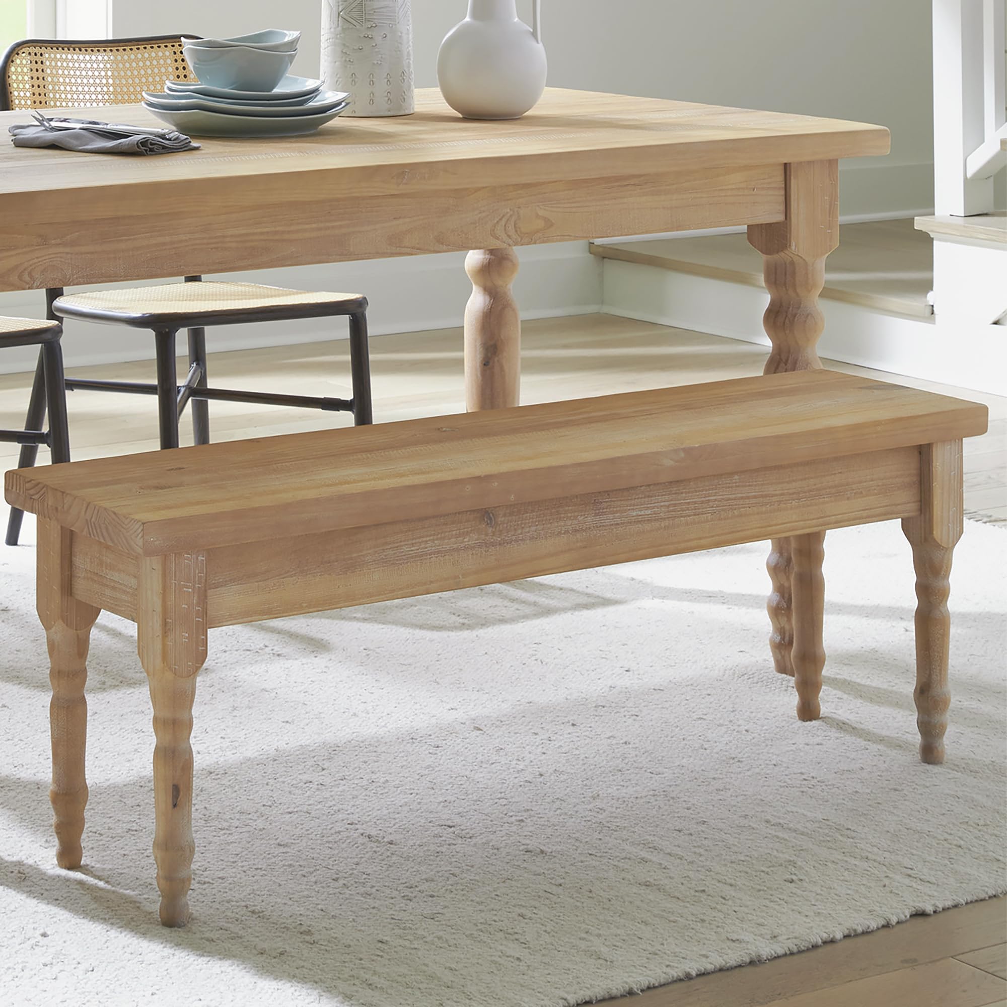 Valerie Solid Wood Bench with Driftwood Finish - Handcrafted Grain Wood Furniture for Living Room, Bedroom, or Entryway Decor