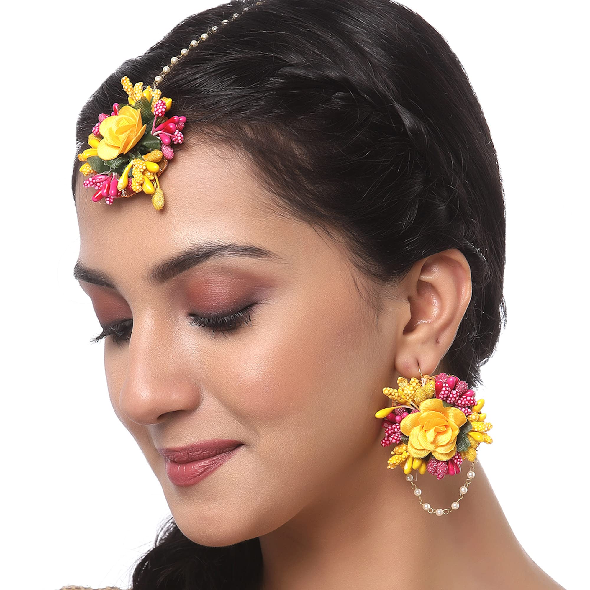 Gold-Plated Pearl & Gota Patti Flower Haldi Mehendi Maang Tikka with Earrings Set - Indian Bridal Jewelry for Wedding, Haldi Ceremony & Mehendi Function