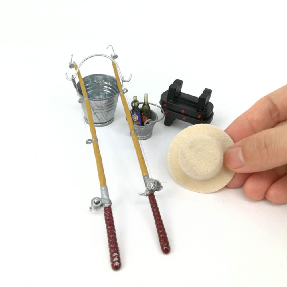 Kisangel Miniature Fishing Pole Set - Tiny Dollhouse Fishing Rod & Gear for Mini Bench, Hat, Beer Bottles, Buckets - Perfect for DIY Crafts, Model Scenes & Home Decor
