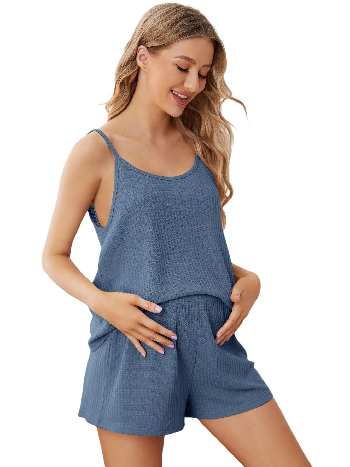 OYOANGLE Women's Maternity Pajama Set - Soft Waffle Knit Cami Top & Shorts Lounge Wear for Pregnancy, Nursing & Postpartum Comfort (Perfect for Sleeping, Relaxing & Breastfeeding)