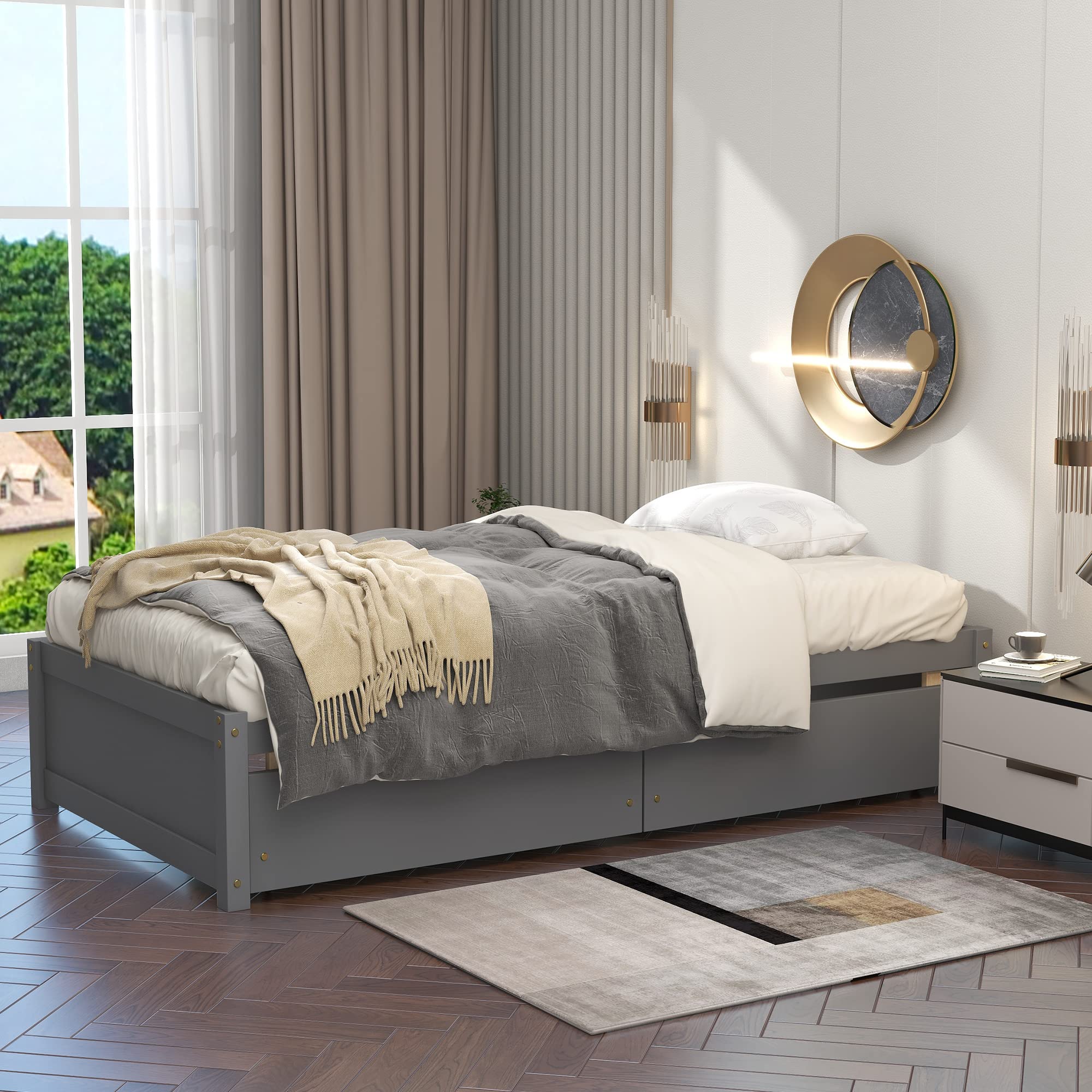 Polibi Twin Size Wood Platform Bed with Storage Drawers - Space-Saving for Small Bedrooms