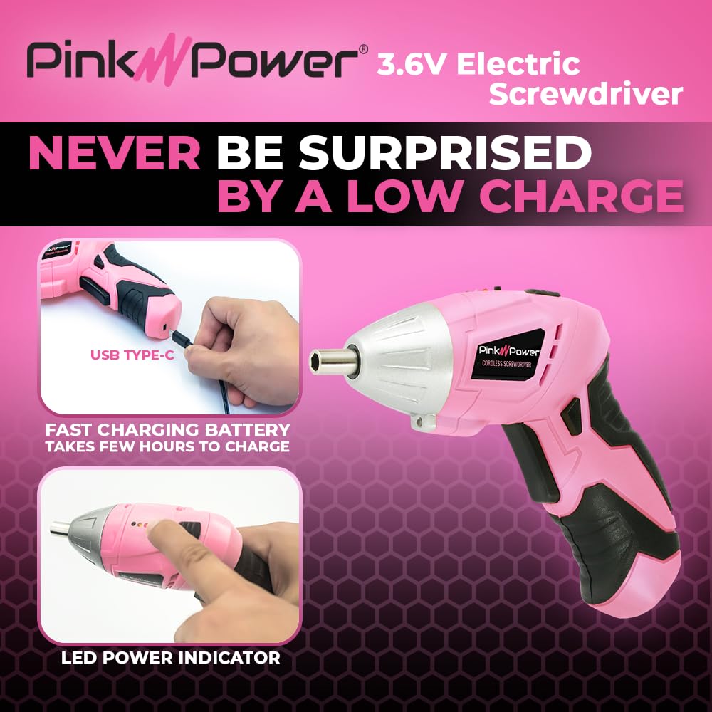 3.6V Pink Rechargeable Cordless Screwdriver Set - Electric Screw Gun Kit with LED Light - Portable Mini Drill for Women - DIY Home Repair, Furniture Assembly & Craft Projects