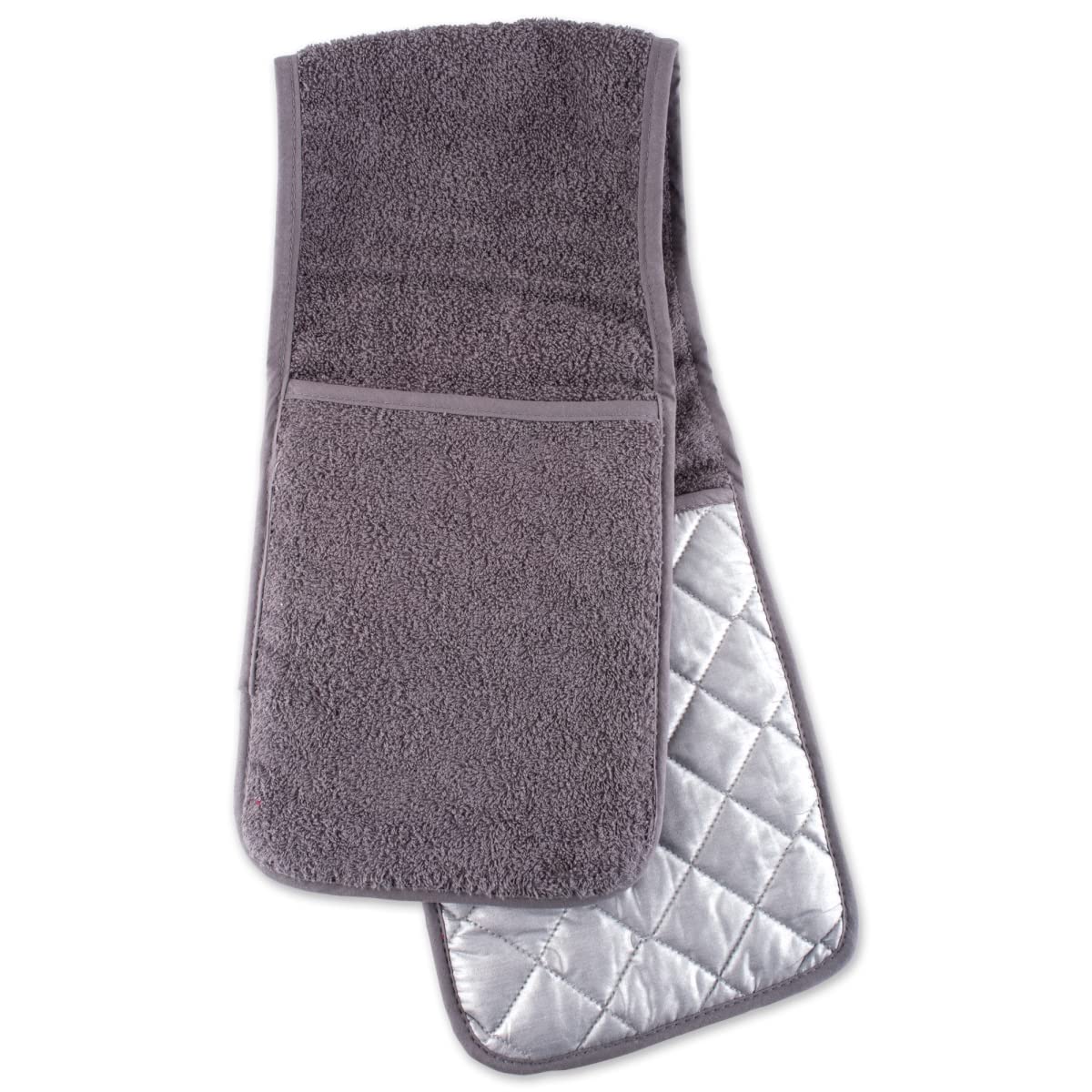 Heat Resistant Gray Terry Double Oven Mitt - Extra Long Kitchen Gloves for Baking, Cooking & Grilling - Perfect for Handling Hot Pans, Trays & Dishes