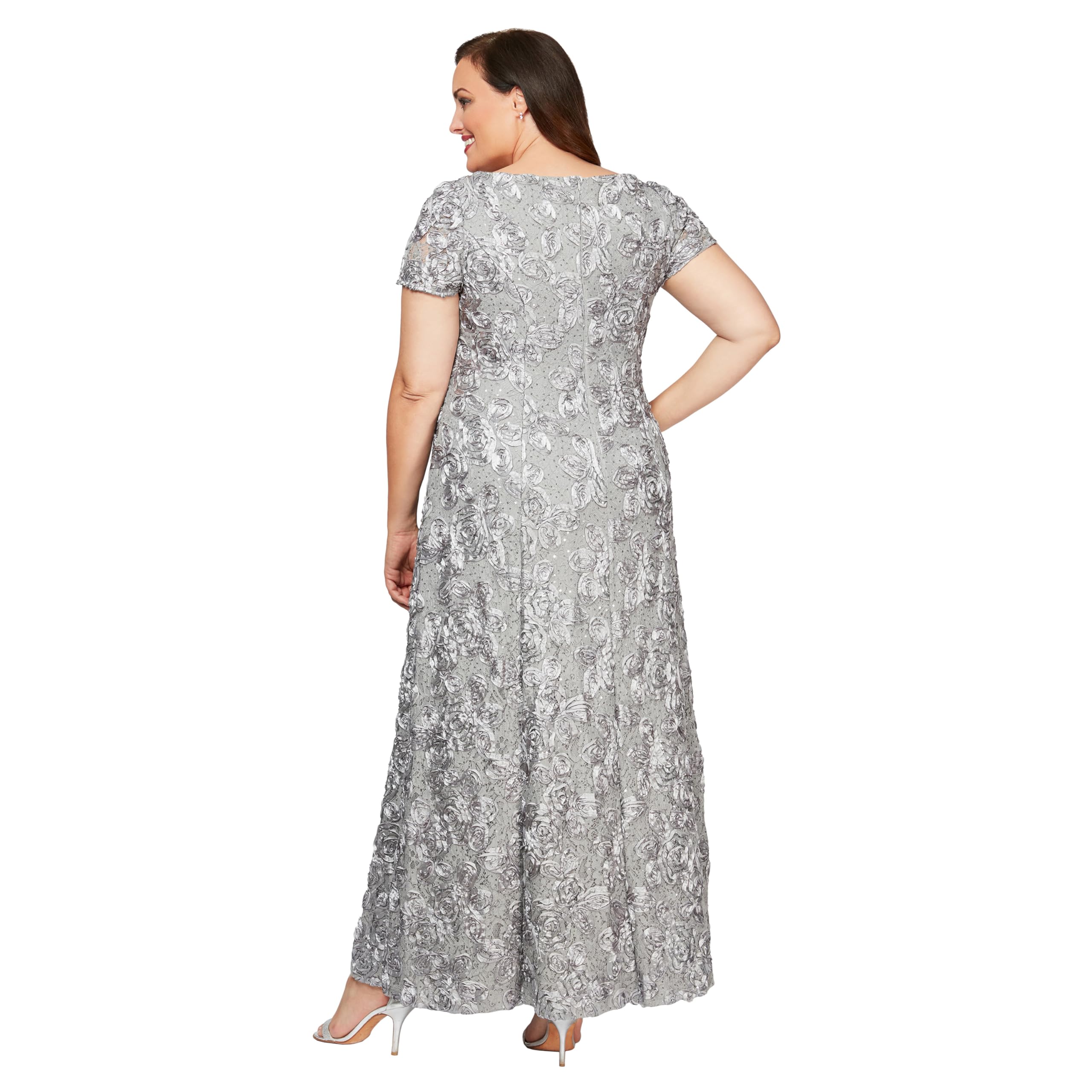 Alex Evenings Women's Plus Size Long Rosette Mother of The Bride Dress - Elegant Short Sleeve Formal Gown for Weddings, Parties & Special Occasions