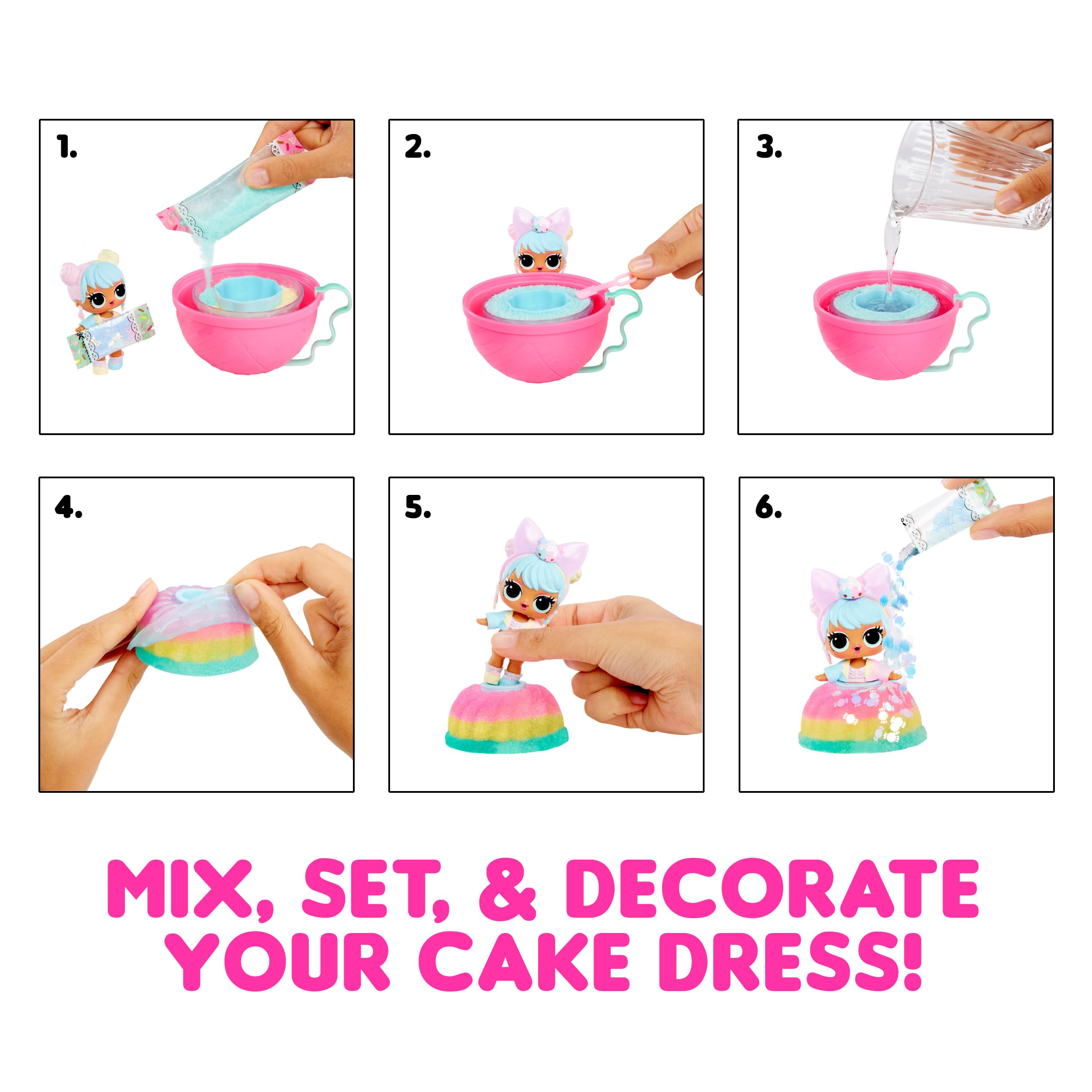 LOL Surprise Mix & Make Birthday Cake Tots - DIY Cake Dress Doll Set with Collectible Doll, Decorating Ingredients & Glitter Sprinkles - Creative Cake Making Toy for Girls Age 3+ - Perfect Birthday Gift & Pretend Play Activity