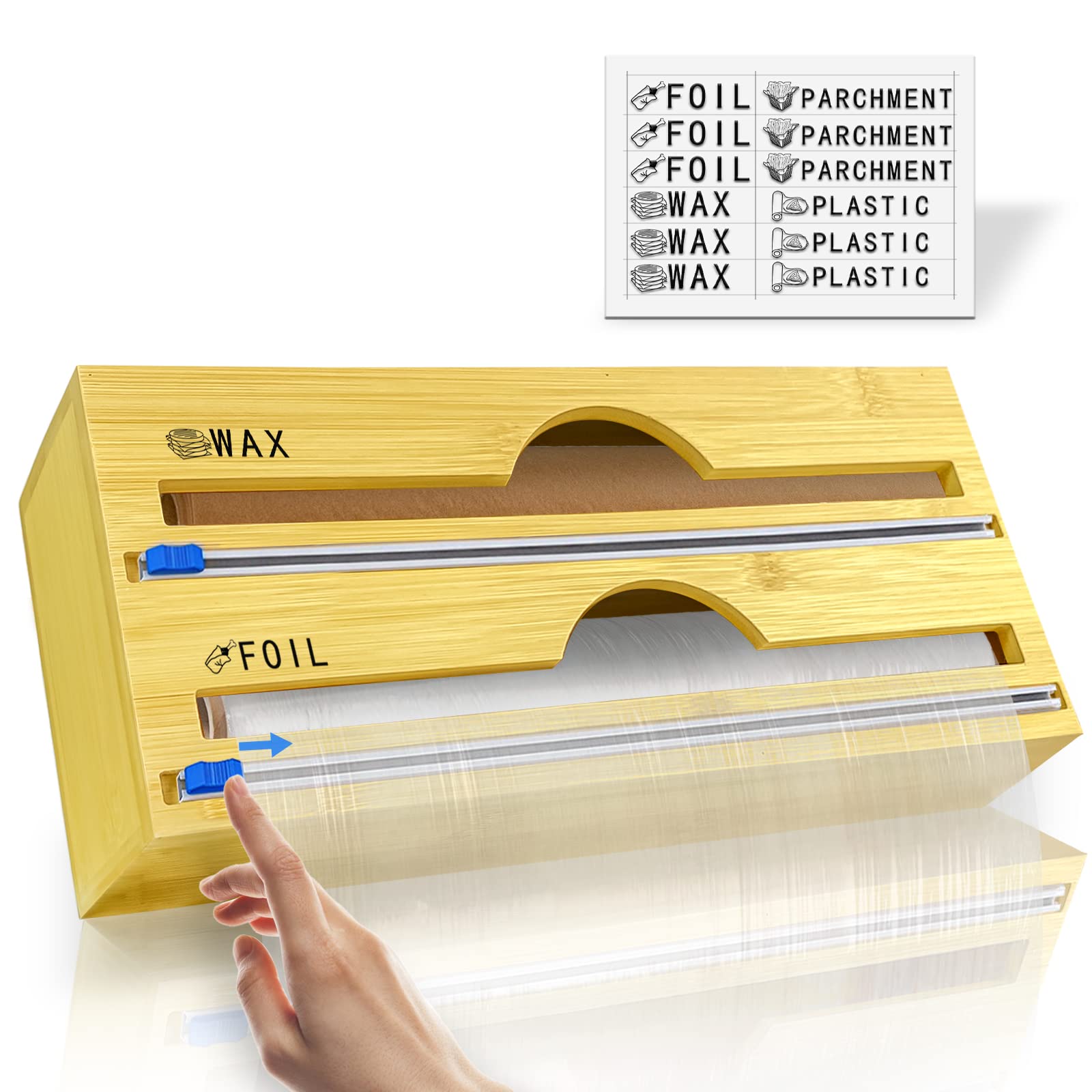 2-in-1 Foil and Plastic Wrap Organizer with Slide Cutter & Labels - Aluminum Foil Dispenser Storage for Kitchen Drawer - Bamboo Wax Paper Holder Fits 12