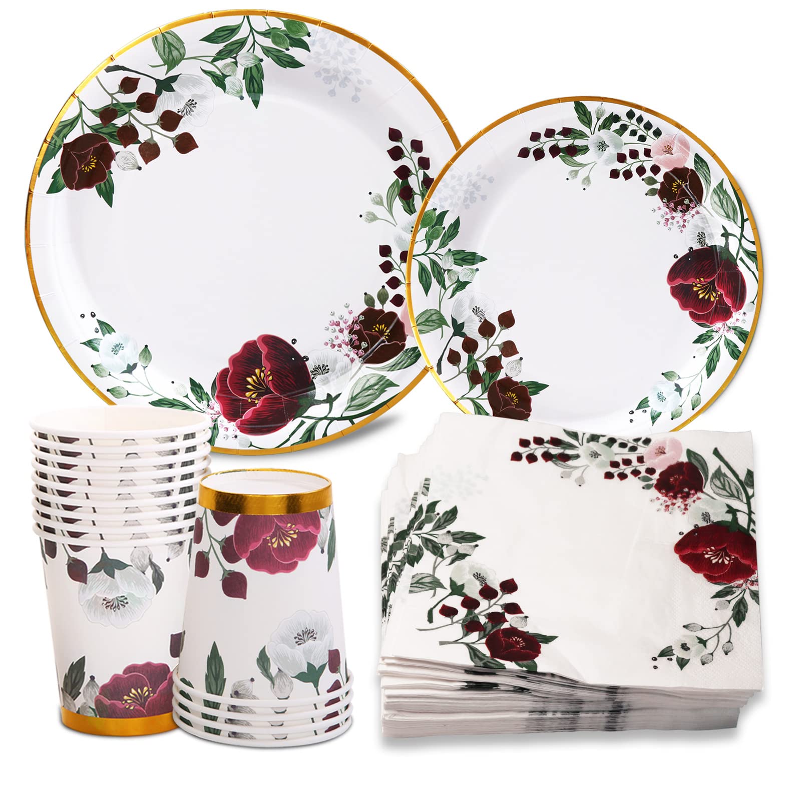 200Pcs Burgundy Floral Paper Plates & Napkins Set - Elegant Wedding, Bridal Shower & Party Supplies for 50 Guests - Perfect for Birthday, Valentine's Day, Easter & Spring Celebrations - Ideal for Indoor/Outdoor Events, Baby Showers & Anniversary Parties