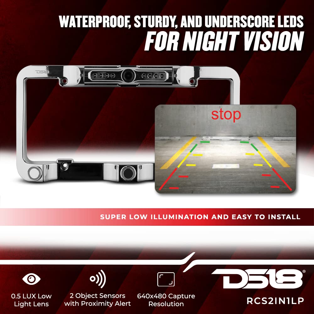 DS18 RCS2IN1LP-BK Waterproof License Plate Reverse Camera with Backup Buzzer & LED Night Vision - Parking Assistance, Rear View Safety for Trucks, SUVs, RVs | Easy Installation, All-Weather Performance