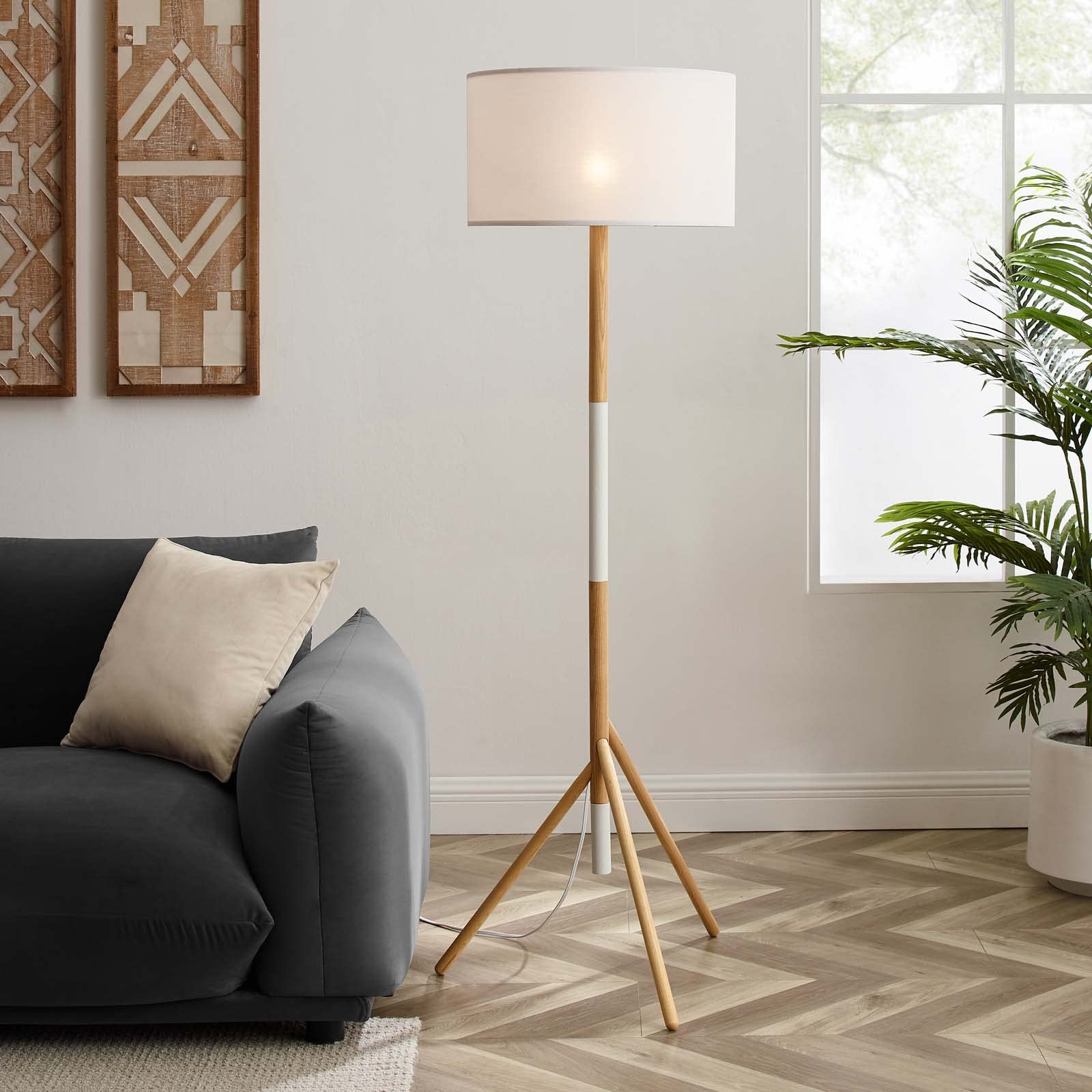 Natalie White Natural Tripod Floor Lamp - Modern Adjustable Standing Light for Living Room, Bedroom & Office
