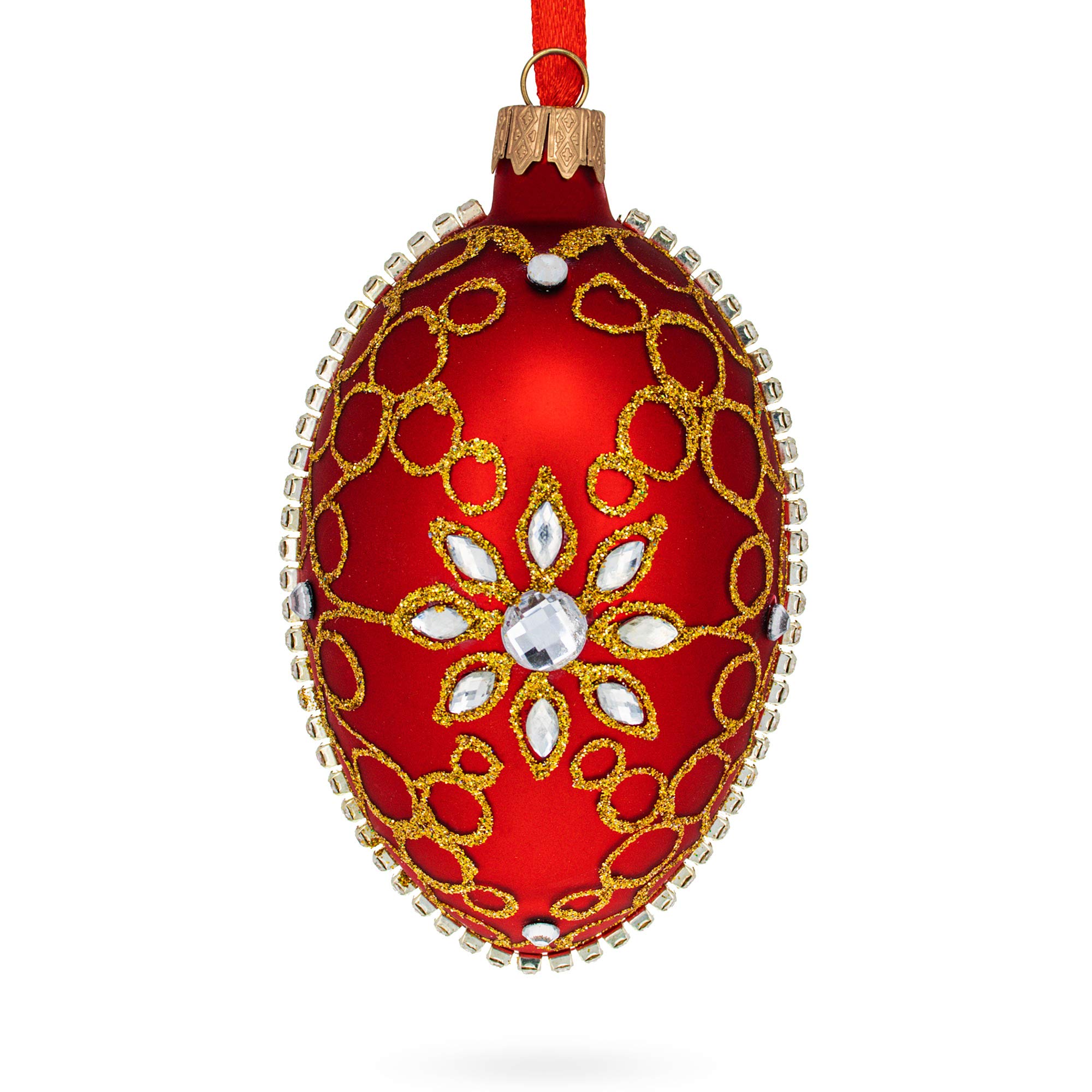 4 Inch Red Glass Egg Christmas Ornament with Diamond Star - Perfect for Holiday Tree Decorations, Gift Giving & Festive Home Decor