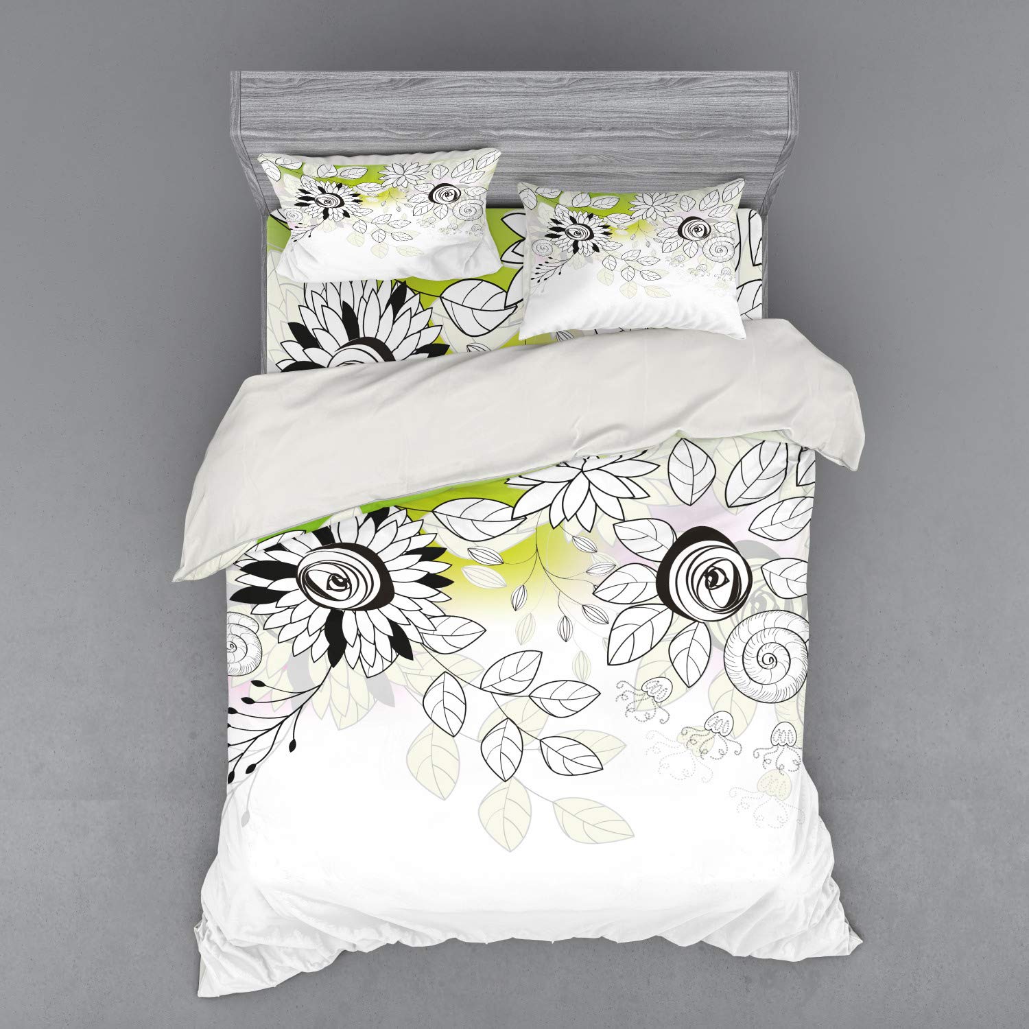 Ambesonne Floral Duvet Cover Set - Queen Size 4-Piece Bedding with 2 Pillow Shams & Fitted Sheet - Wildflower Garden Design with Snails, Leaves and Twigs - Black & Eggshell Green - Perfect for Spring Bedroom Decor, Guest Room Makeover or Nature-Themed Home Styling