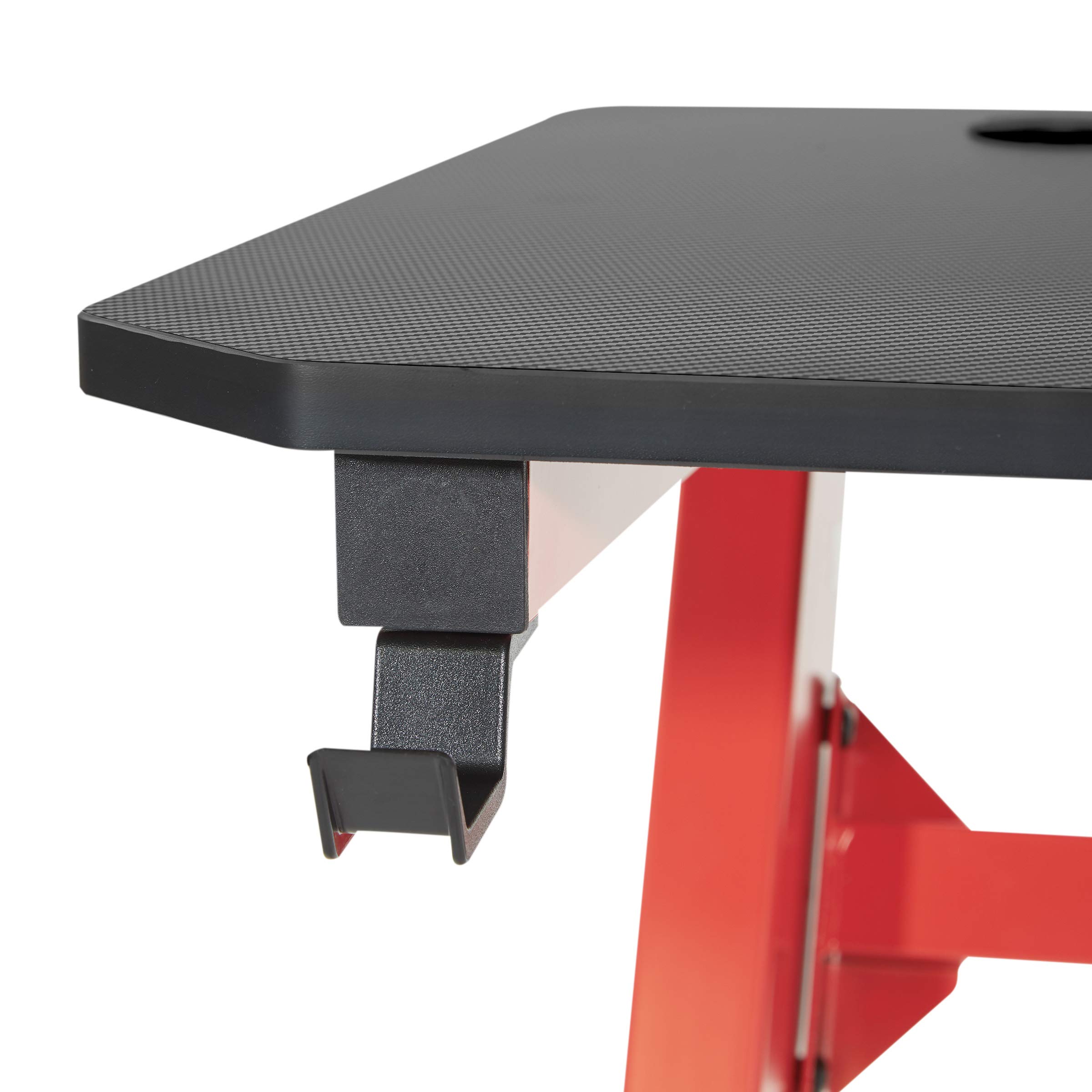 OSP Home Furnishings Ghost Battlestation Gaming Desk - Carbon Fiber Surface, Matte Black Top & Red Legs with Accessories | Perfect for PC Gaming Setup, Streaming & Home Office Workspace