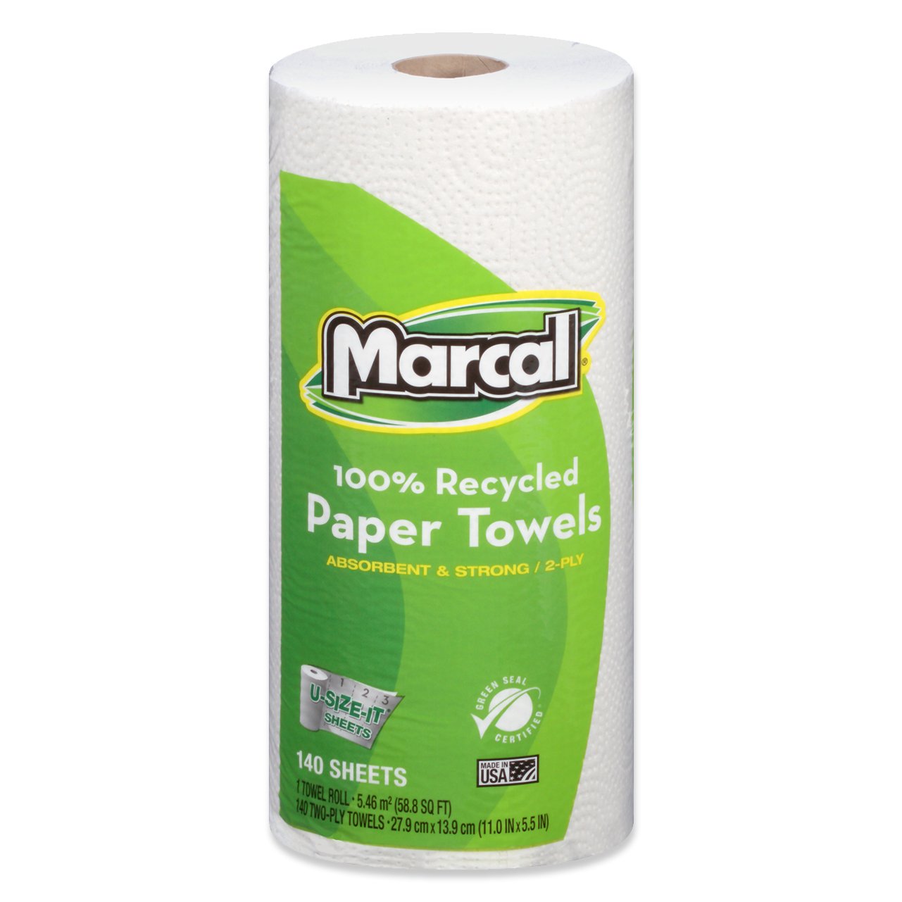Marcal Green Seal Certified 100% Recycled Paper Towels - 2 Ply, 140 Sheets Per Roll, 12 Rolls Per Case (U-Size-It Sheets) | Eco-Friendly Kitchen & Cleaning Supplies for Home, Office & Commercial Use
