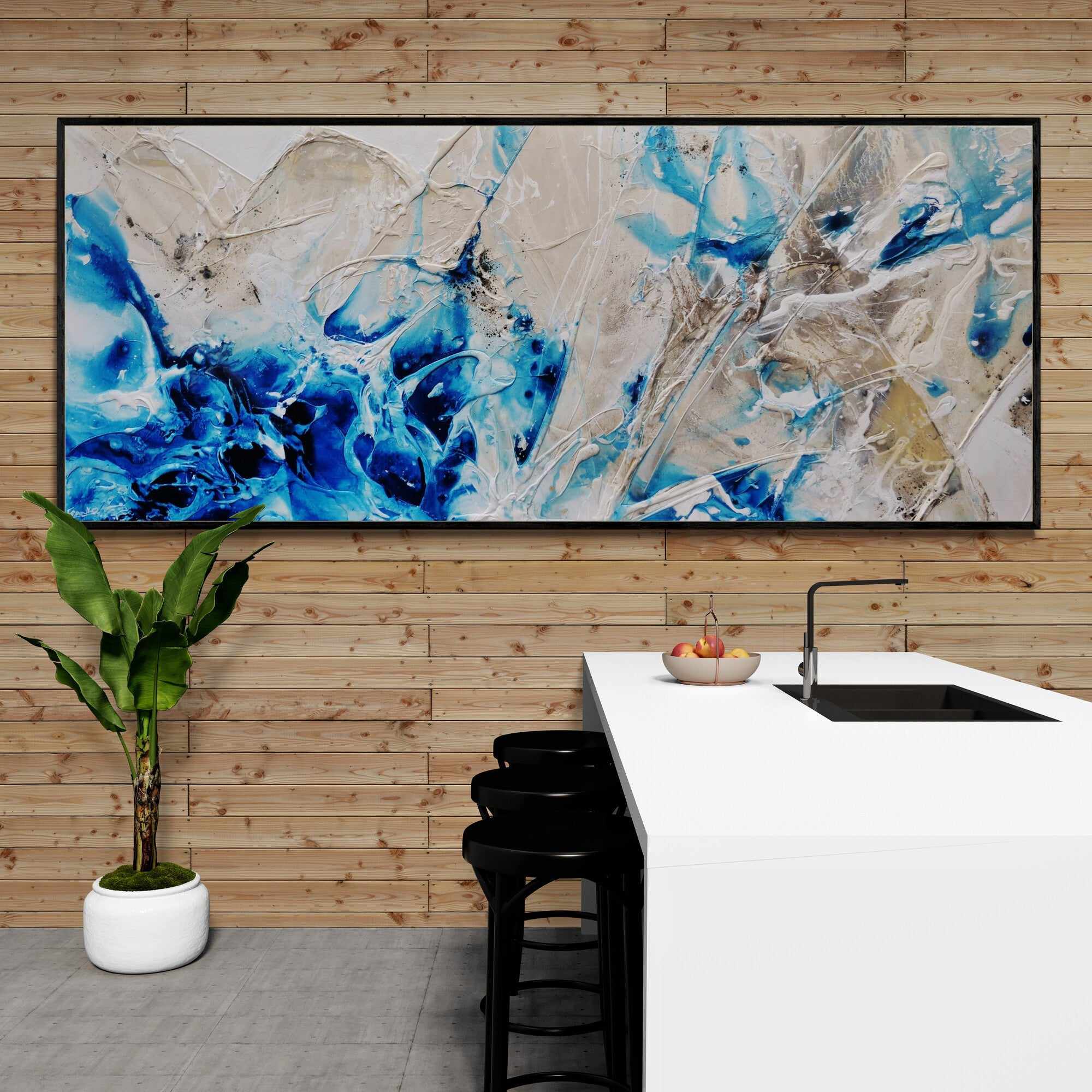 Midnight Casbah 240cm x 100cm Malt Blue Textured Abstract Canvas Art - Modern Wall Decor for Living Room, Bedroom & Office