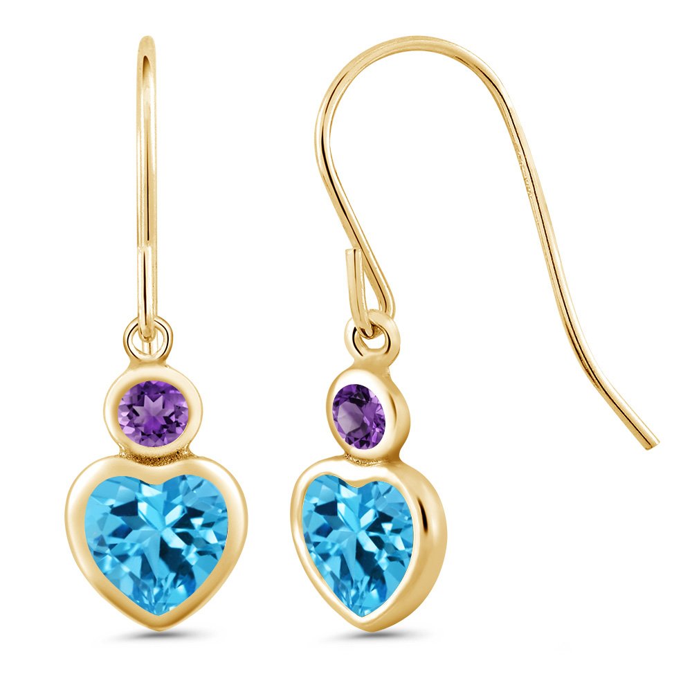 1.32 Ct Heart-Shaped Swiss Blue Topaz & Purple Amethyst 14K Yellow Gold Earrings for Women - Elegant Gemstone Jewelry Gift for Valentine's Day, Anniversary or Special Occasions