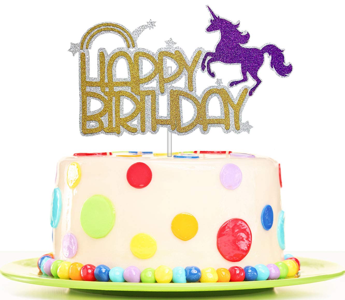 Handmade Glitter Unicorn Birthday Cake Topper - Premium Food Safe Acrylic Stick Decoration for Party Cakes, Baby Showers & Wedding Celebrations