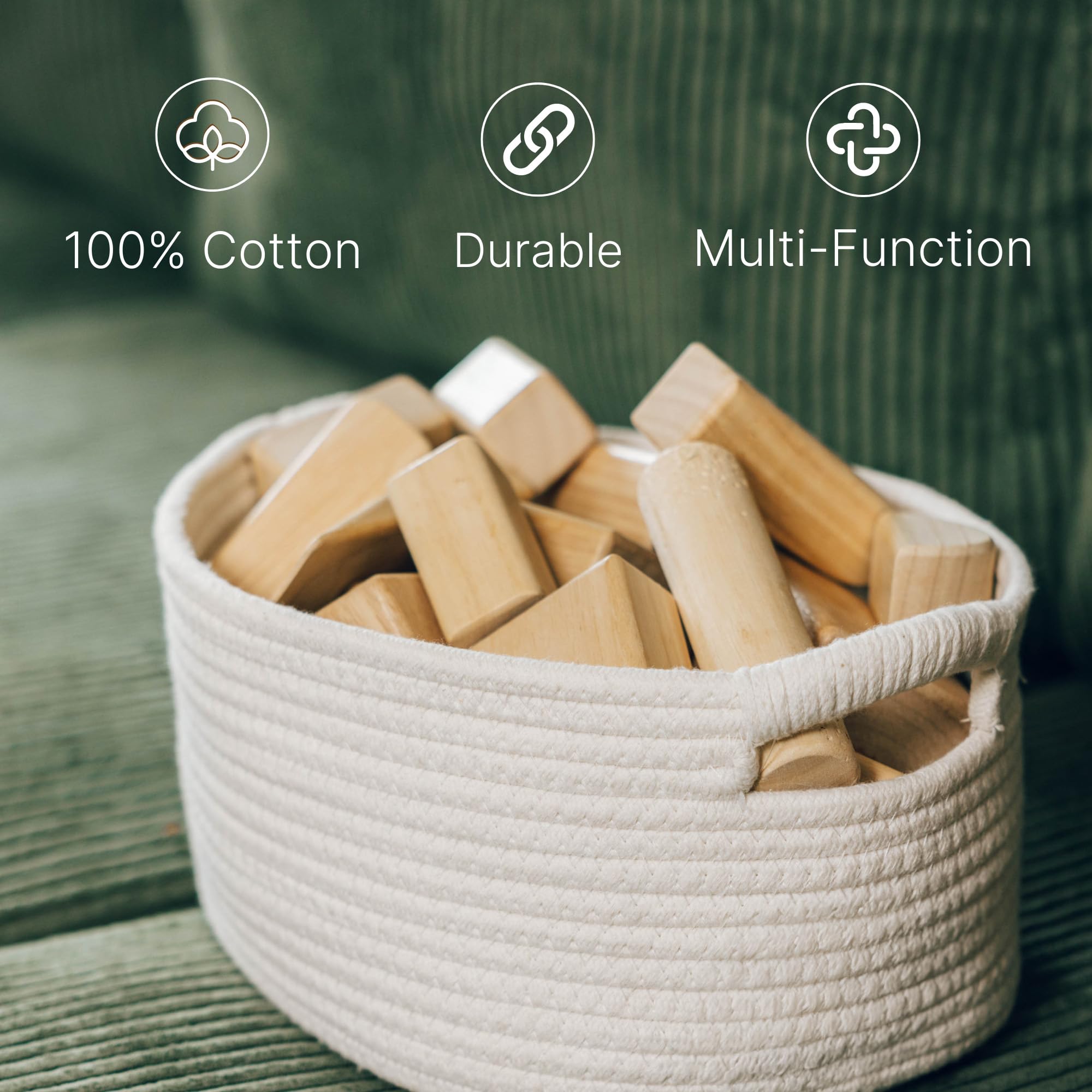 3-Pack Woven Storage Baskets with Handles - Medium Cotton Rope Wicker Bins for Blankets, Toys & Home Organization | Perfect for Living Room Shelves, Bedroom Closets & Nursery Storage