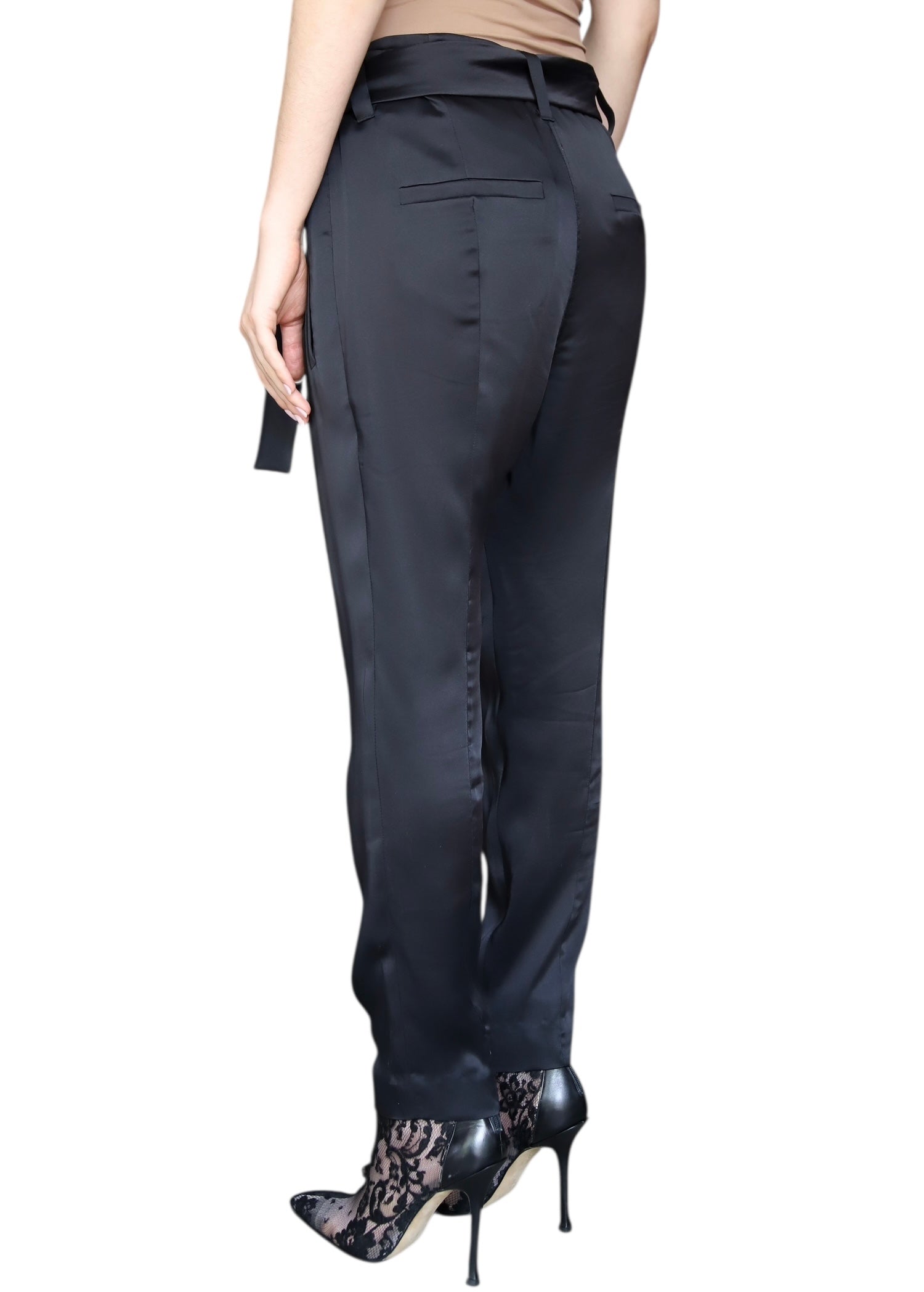 Brunello Cucinelli Black Satin Wrap Waist Trousers for Women | Size IT 42 / US 6 | Elegant Office Pants, Evening Wear & Special Occasion Outfits