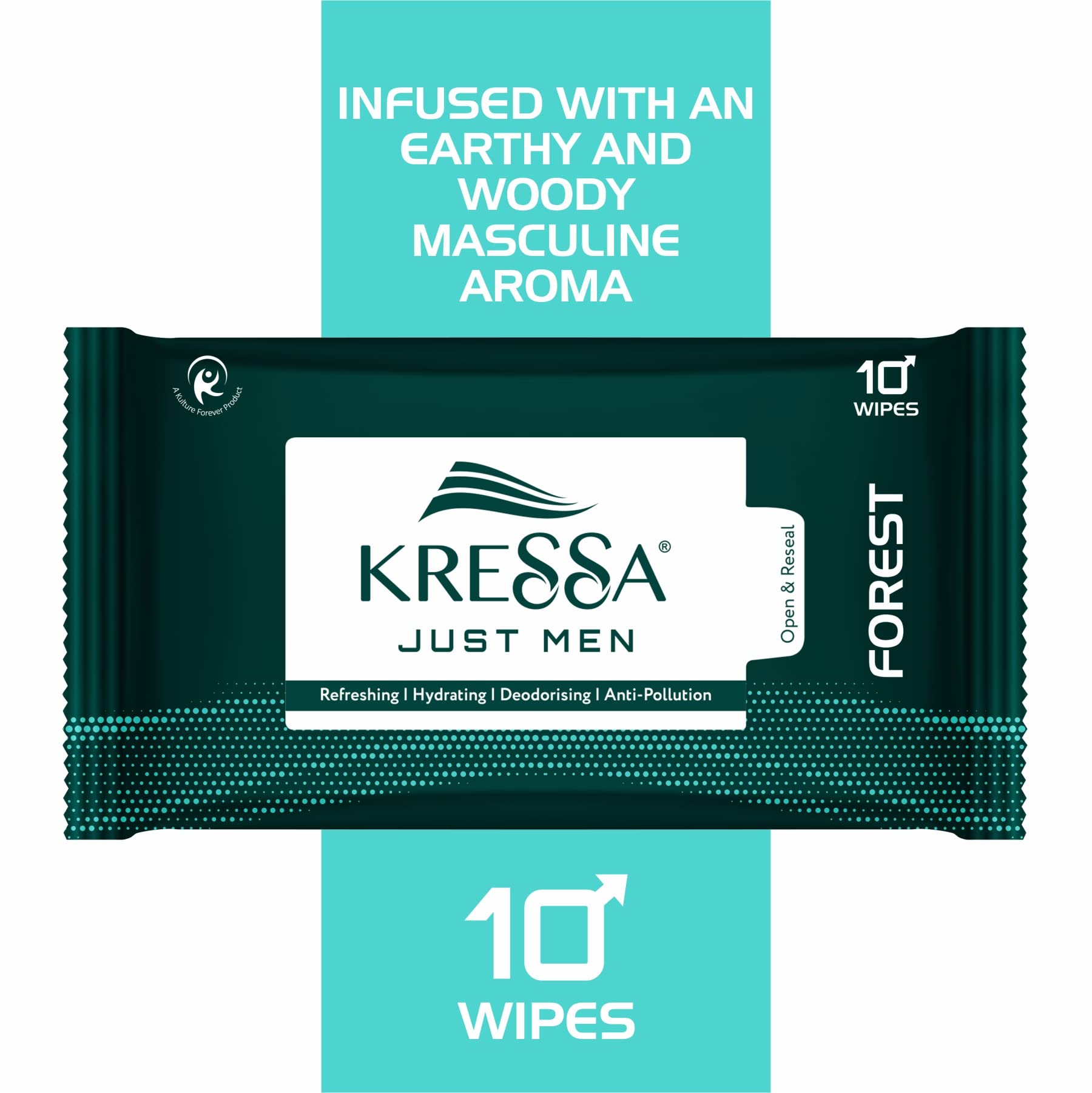Kressa Men's Face Wipes - Refreshing Anti-Pollution Facial Cleansing Wipes for Men (Forest Scent, Pack of 20) | Perfect for Gym, Travel & On-the-Go Skincare