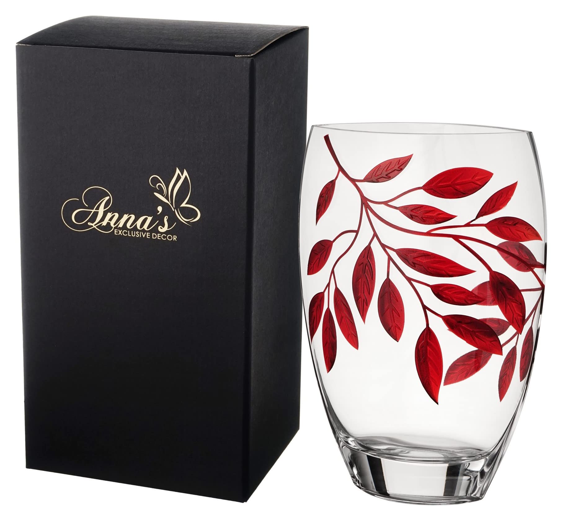 Large 11.8 Inch Hand Blown Glass Vase with Sandblasted Ruby Leaf Design - Premium Clear Unleaded Glass Centerpiece in Golden Gift Box - Elegant Home Decor for Living Room, Wedding, Dining Table Decoration