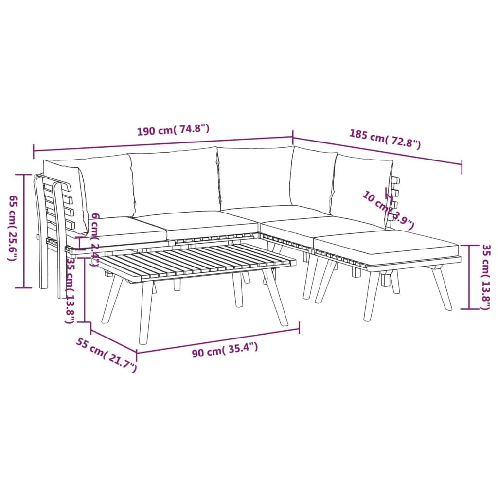 vidaXL 6-Piece Patio Lounge Set, Outdoor Sectional Sofa with Cushions & Coffee Table, Acacia Wood Backyard Furniture for Garden, Deck, Poolside Relaxation