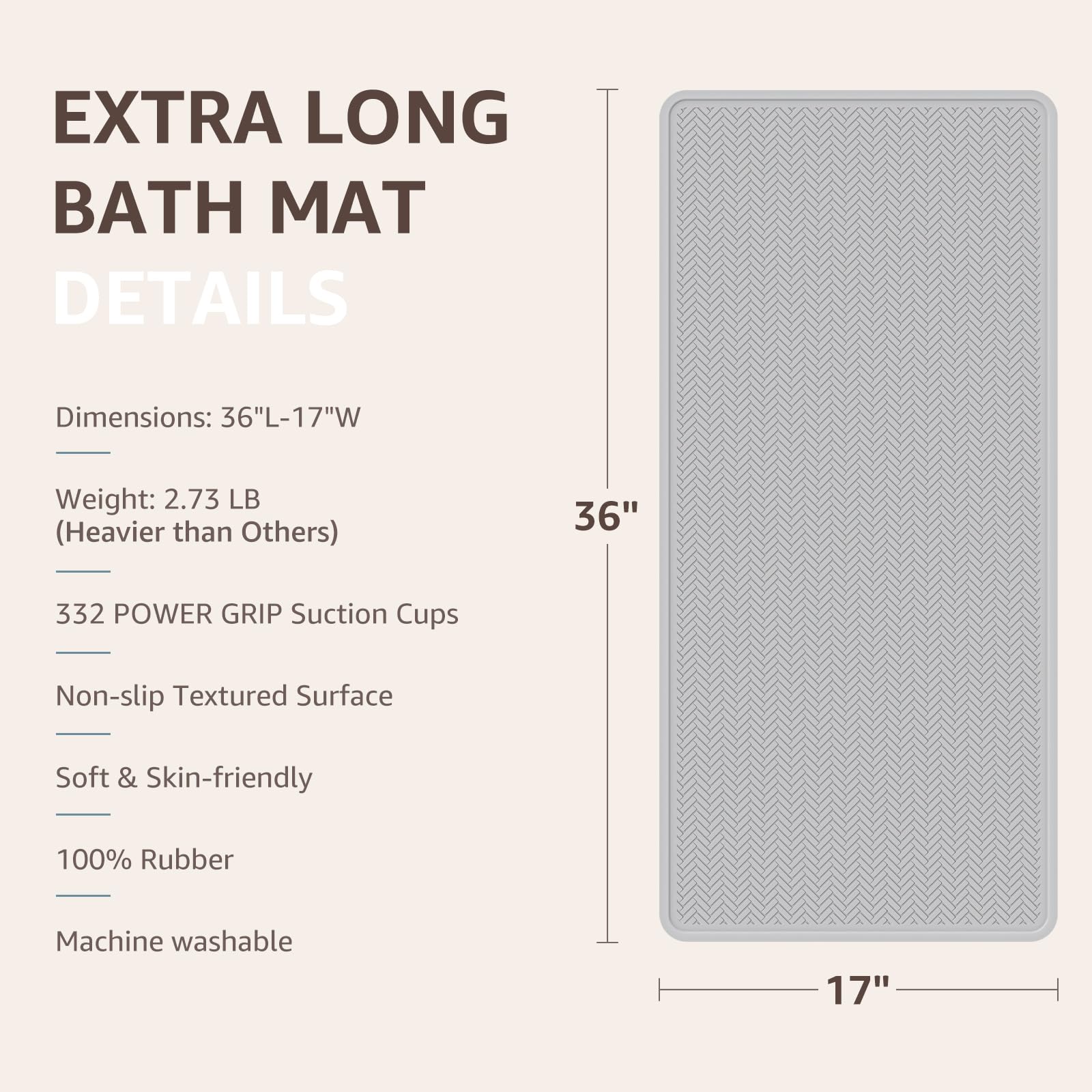 Non-Slip Bathtub Mat with Strong Suction Cups - Soft Rubber Baby Shower Mat for Safety (Light Gray) - Perfect for Kids, Elderly & Bathroom Fall Prevention