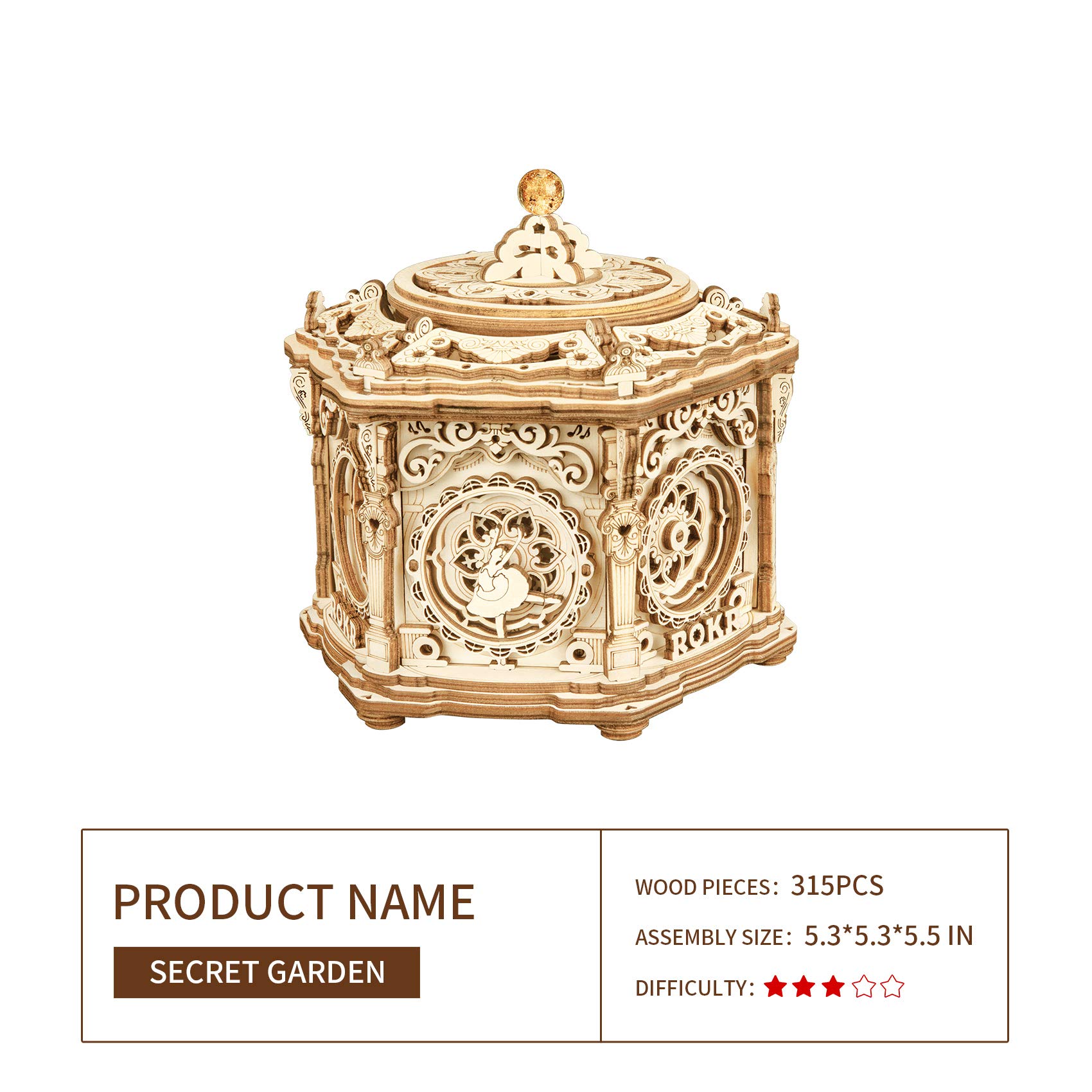 ROKR 3D Wooden Puzzle for Adults - DIY Mechanical Music Box Kit with Rotating Secret Garden Design, Perfect Model Building Gift for Teens & Adults Ages 14+ | Great for Home Decor, Relaxation & Creative Hobbies