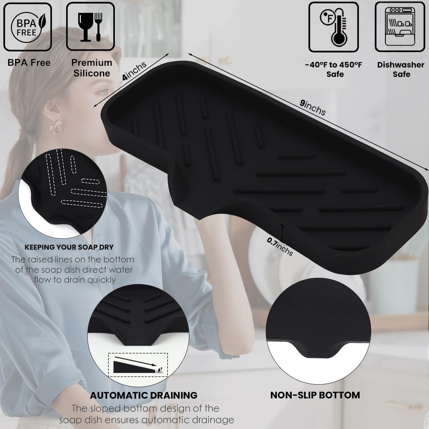 Premium Silicone Soap Dish Holder for Bathroom & Kitchen - Non-Slip Drain Tray Organizer for Bar Soap, Sponge, Bottles & Cups (9